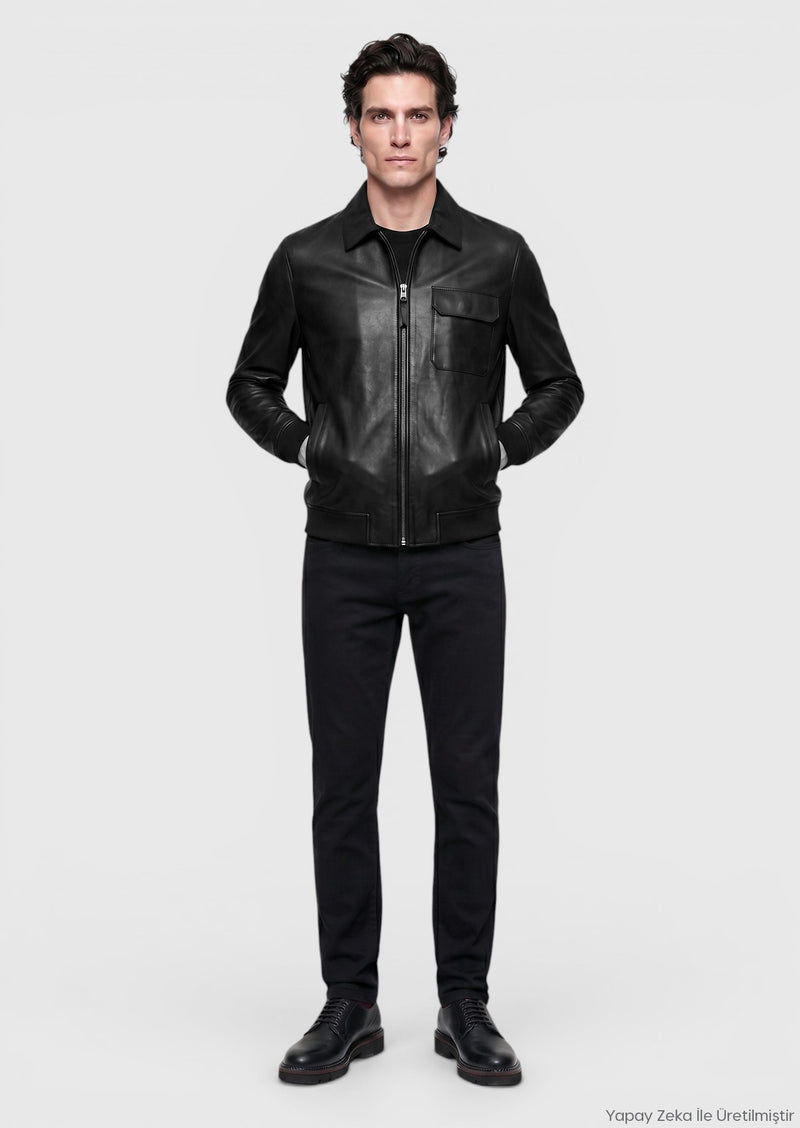 Siyah Regular Fit Gömlek Yaka Casual Deri Deri Mont