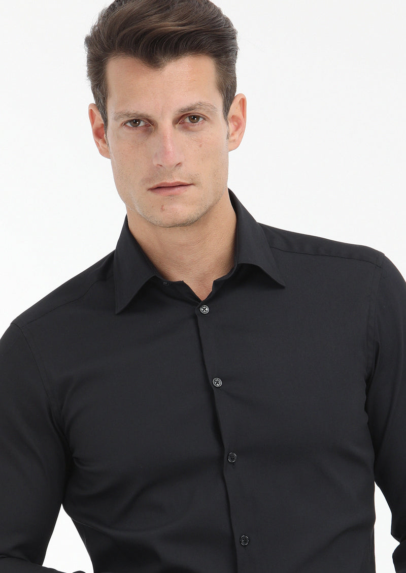 Siyah Düz Slim Fit Uzun Dokuma Klasik Pamuk Karışımlı Gömlek