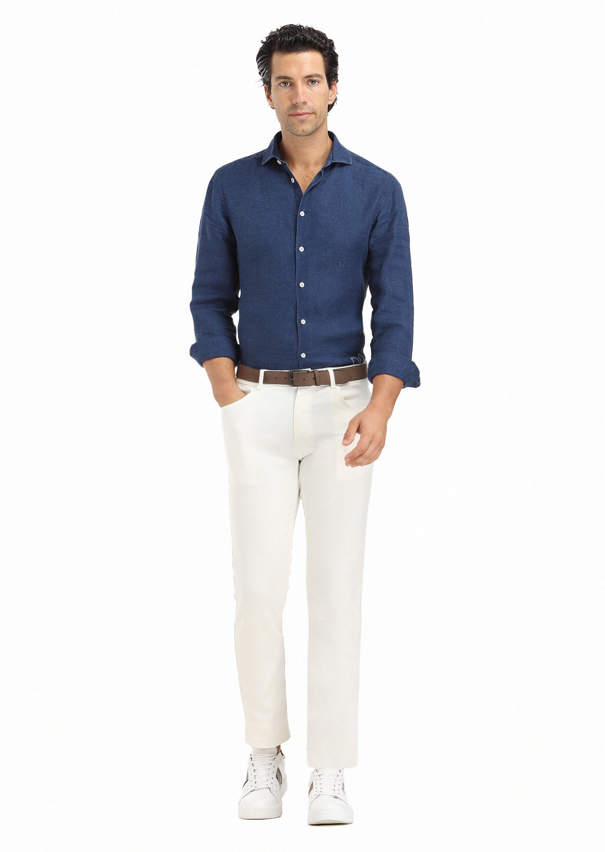 Ekru Düz Dokuma Slim Fit Casual Pamuk Karışımlı Pantolon