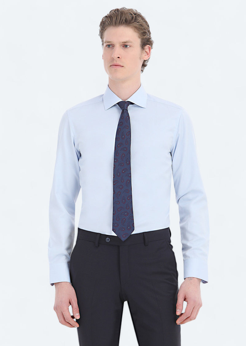 Açık Mavi Düz Slim Fit Uzun Dokuma Klasik Pamuk Karışımlı Gömlek