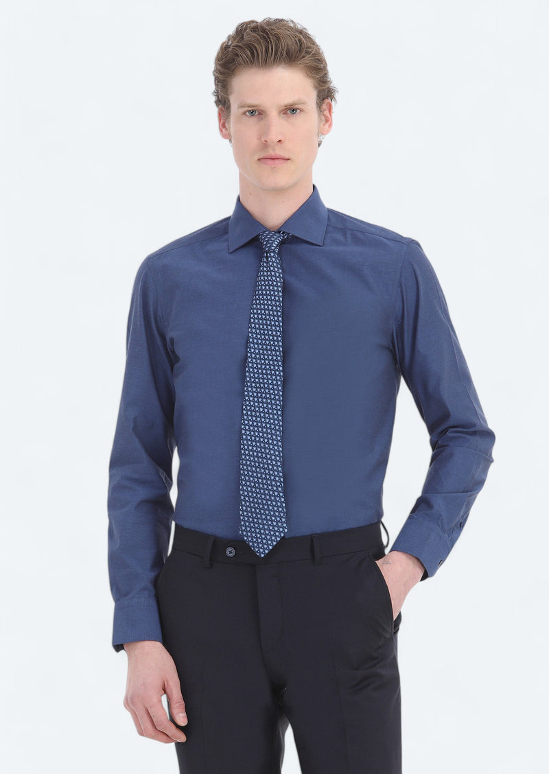 Lacivert Düz Slim Fit Uzun Dokuma Klasik Pamuk Karışımlı Gömlek