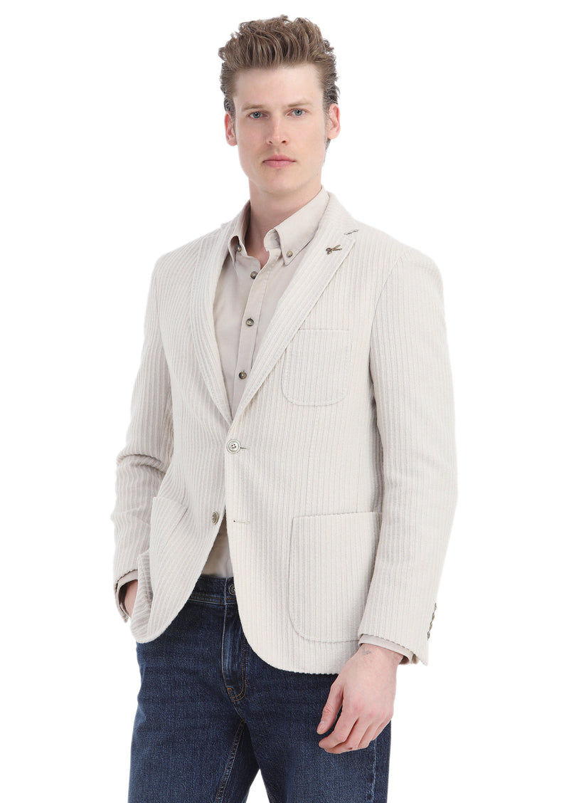 Ekru Çizgili Shirt Shoulder Slim Fit Yün Karışımlı Ceket