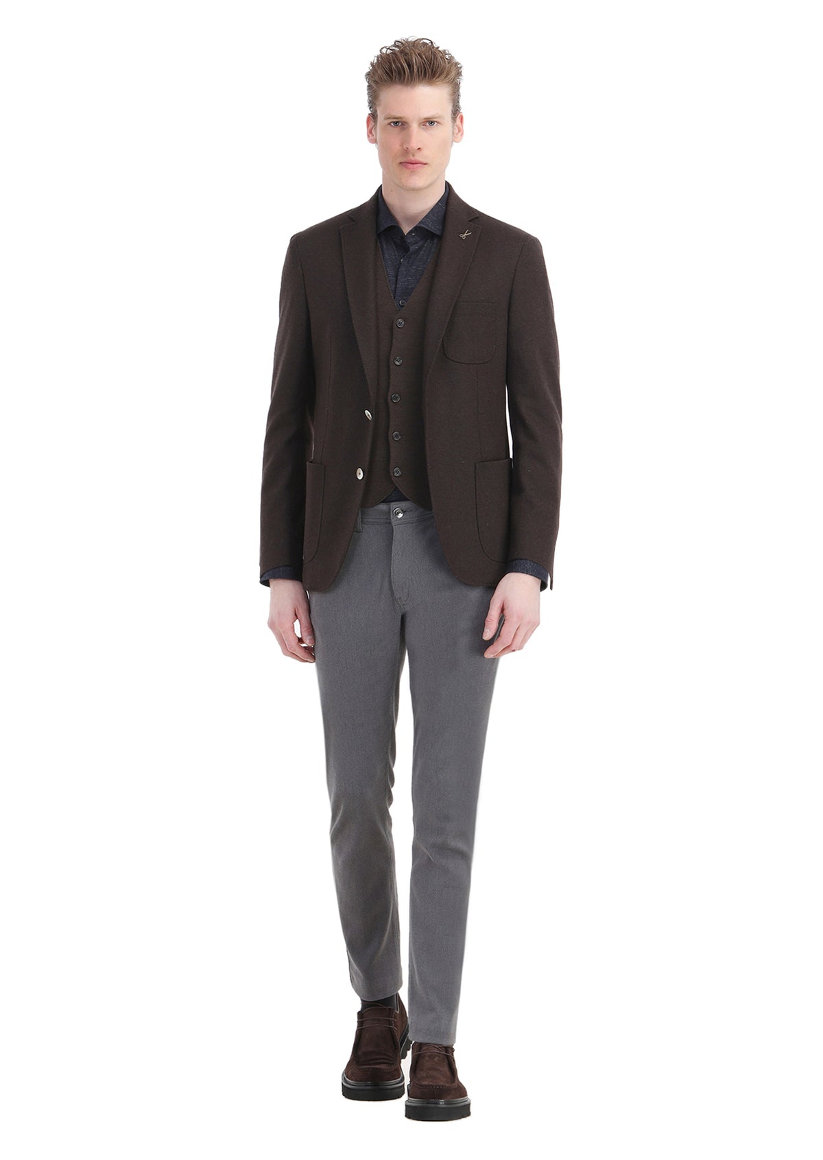 Kahverengi Düz Shirt Shoulder Slim Fit Yün Karışımlı Örme Ceket
