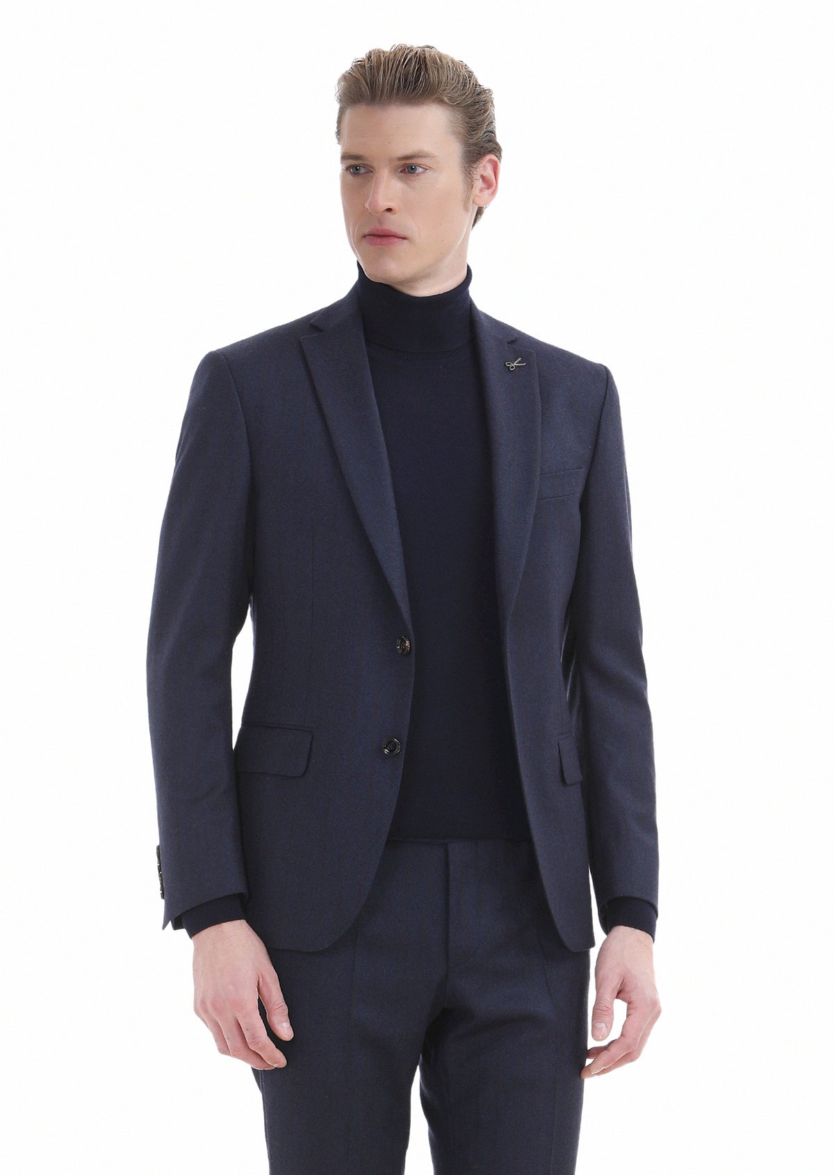 Lacivert Çizgili Zeroweight Slim Fit Yün Karışımlı Takım Elbise