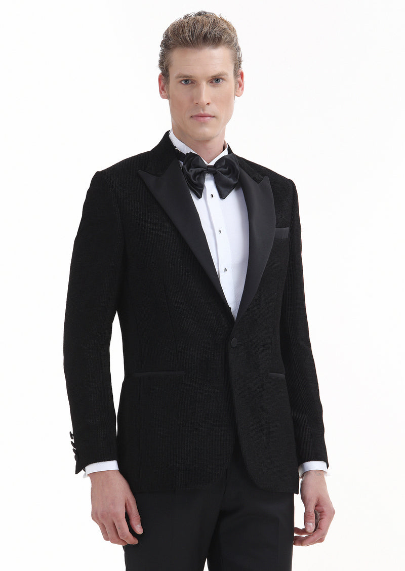 Siyah Desenli Thin&taller Slim Fit Kruvaze Yaka Dokuma Smokin Takım Elbise