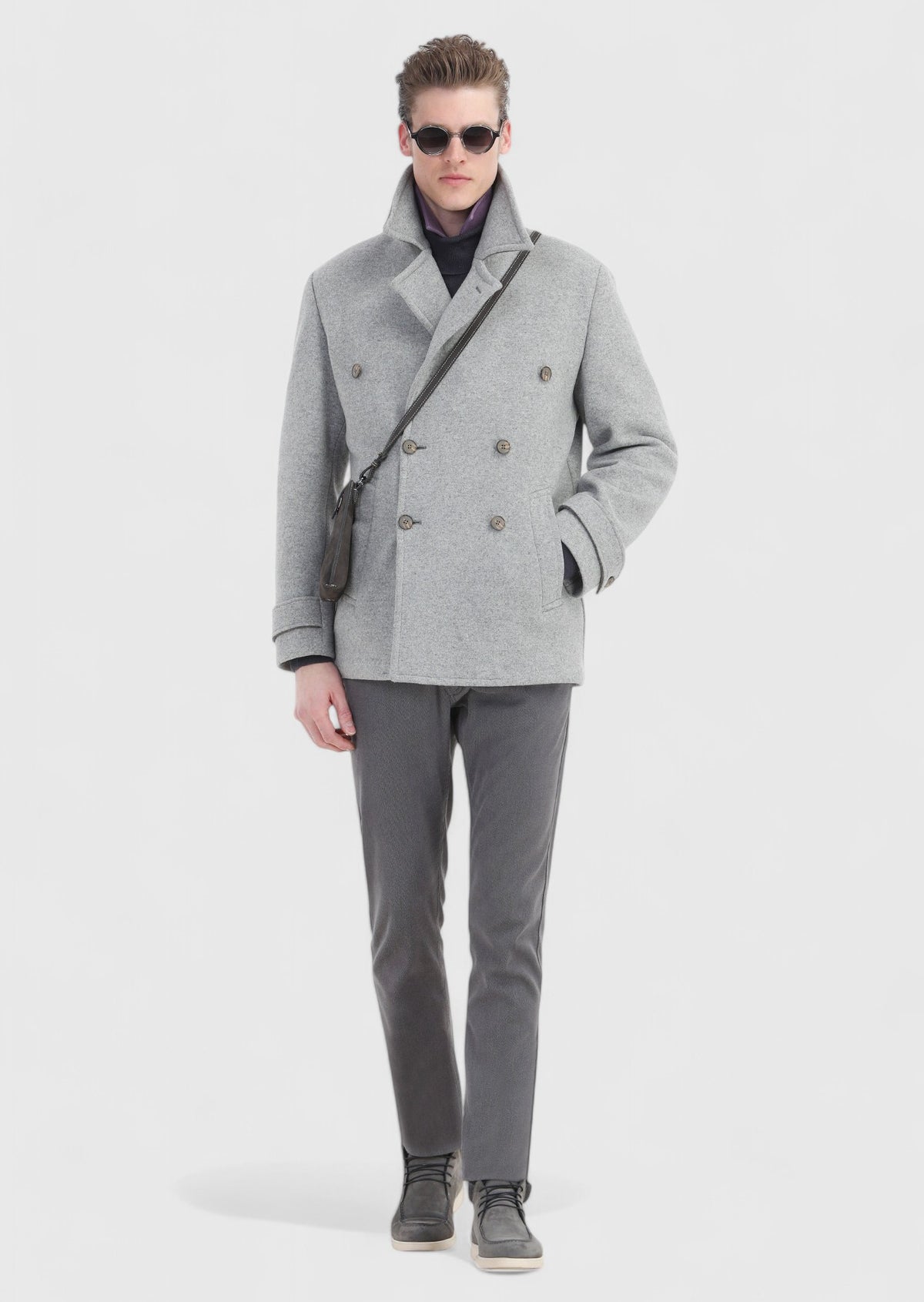 Gri Slim Fit Kruvaze Yaka Casual Örme Palto