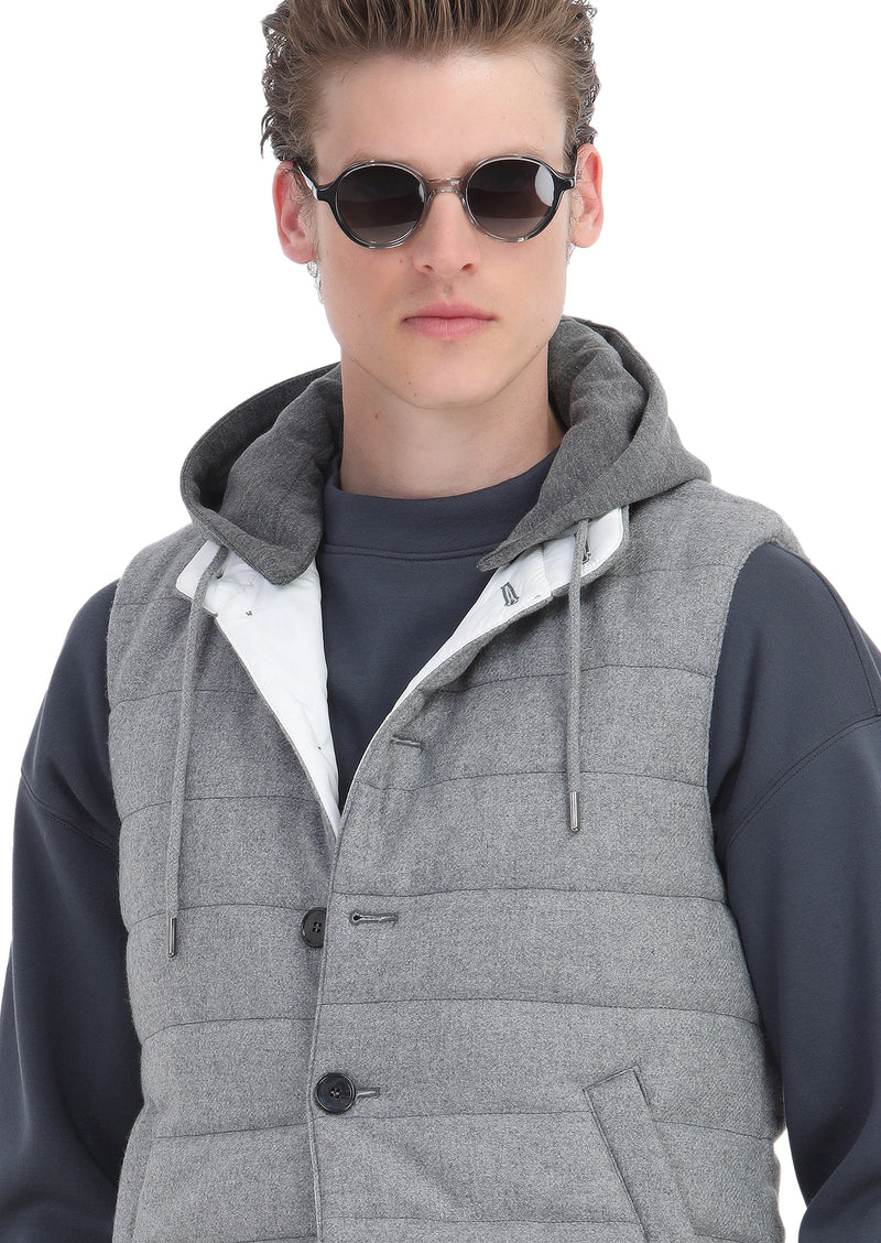 Açık Gri Regular Fit Kapüşonlu Casual Dokuma Spor Yelek