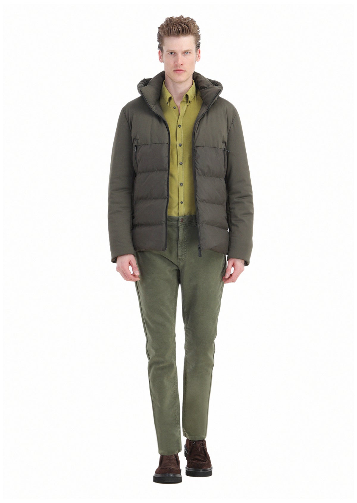 Haki Regular Fit Kapüşonlu Casual Dokuma Mont