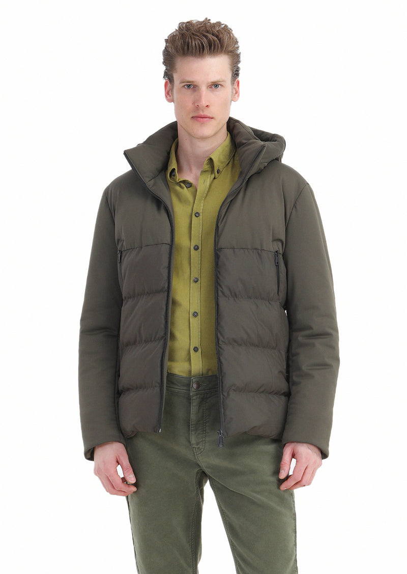 Haki Regular Fit Kapüşonlu Casual Dokuma Mont