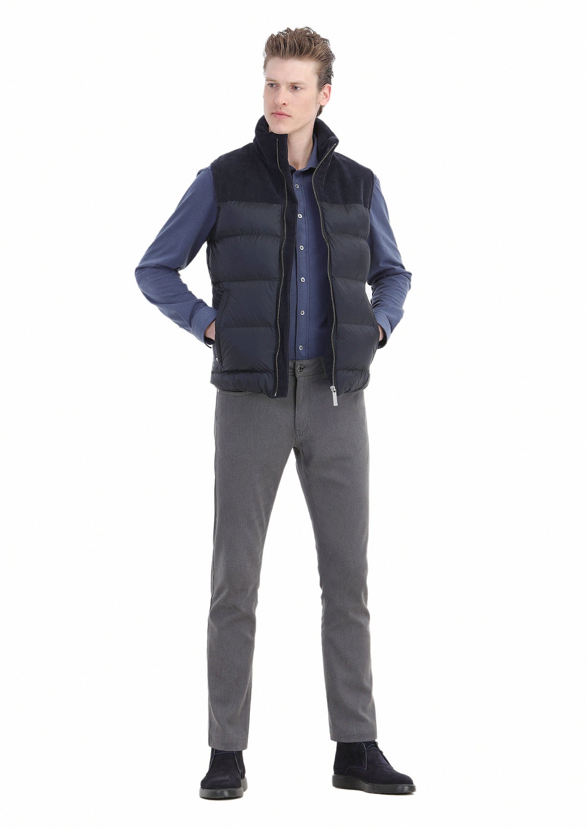 Lacivert Regular Fit Dik Yaka Casual Dokuma Spor Yelek