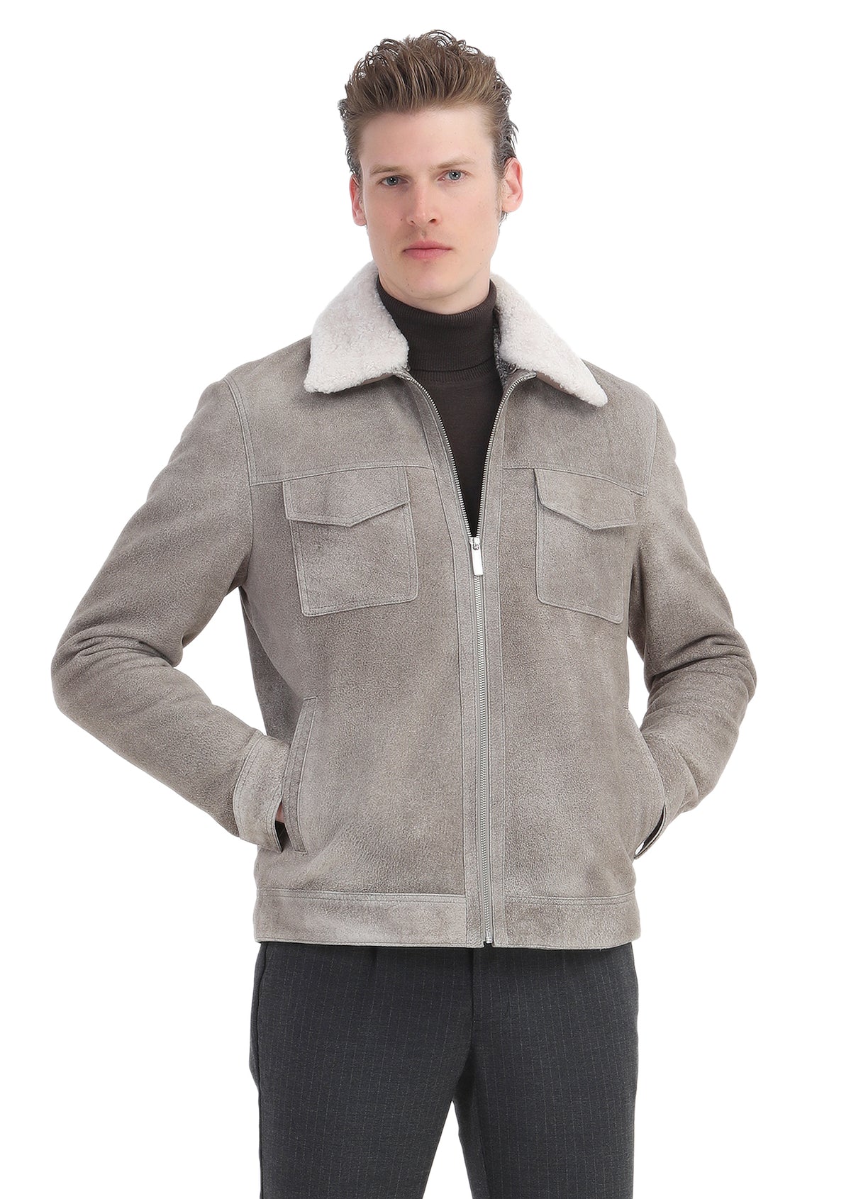 Vizon Regular Fit Gömlek Yaka Casual Süet Deri Mont