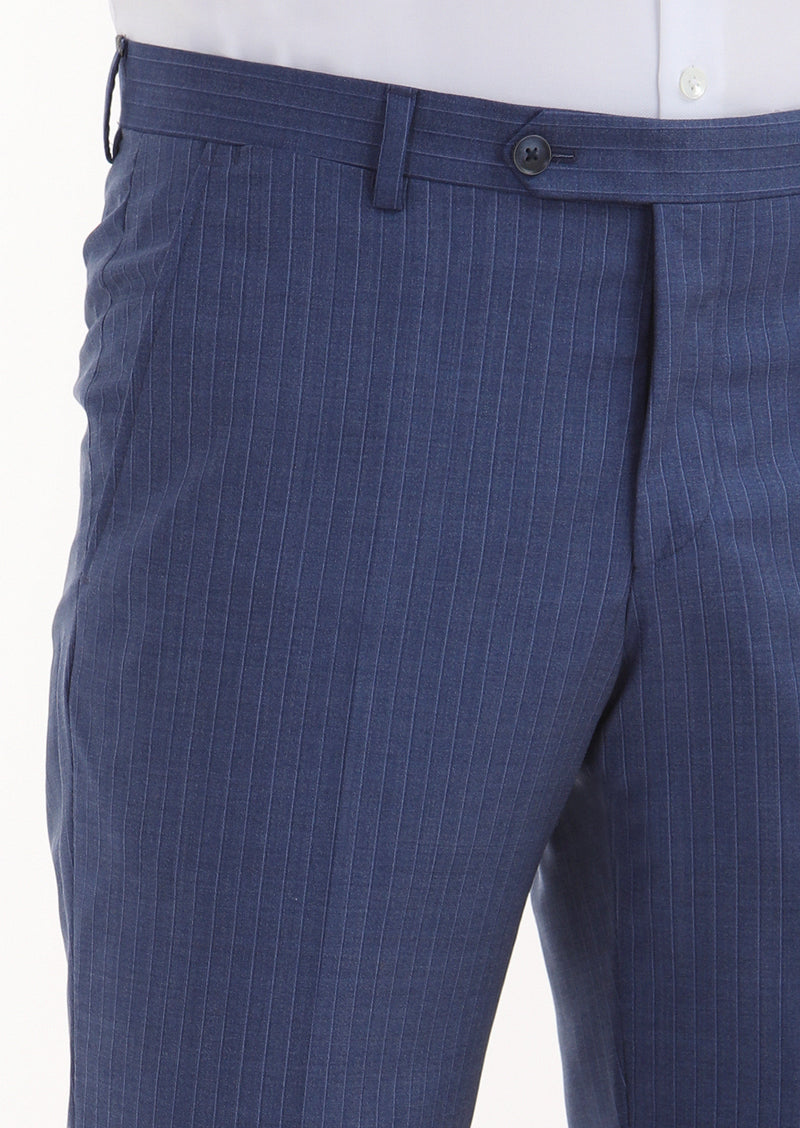 Mavi Çizgili Kumaş Modern Fit Klasik %100 Yün Pantolon