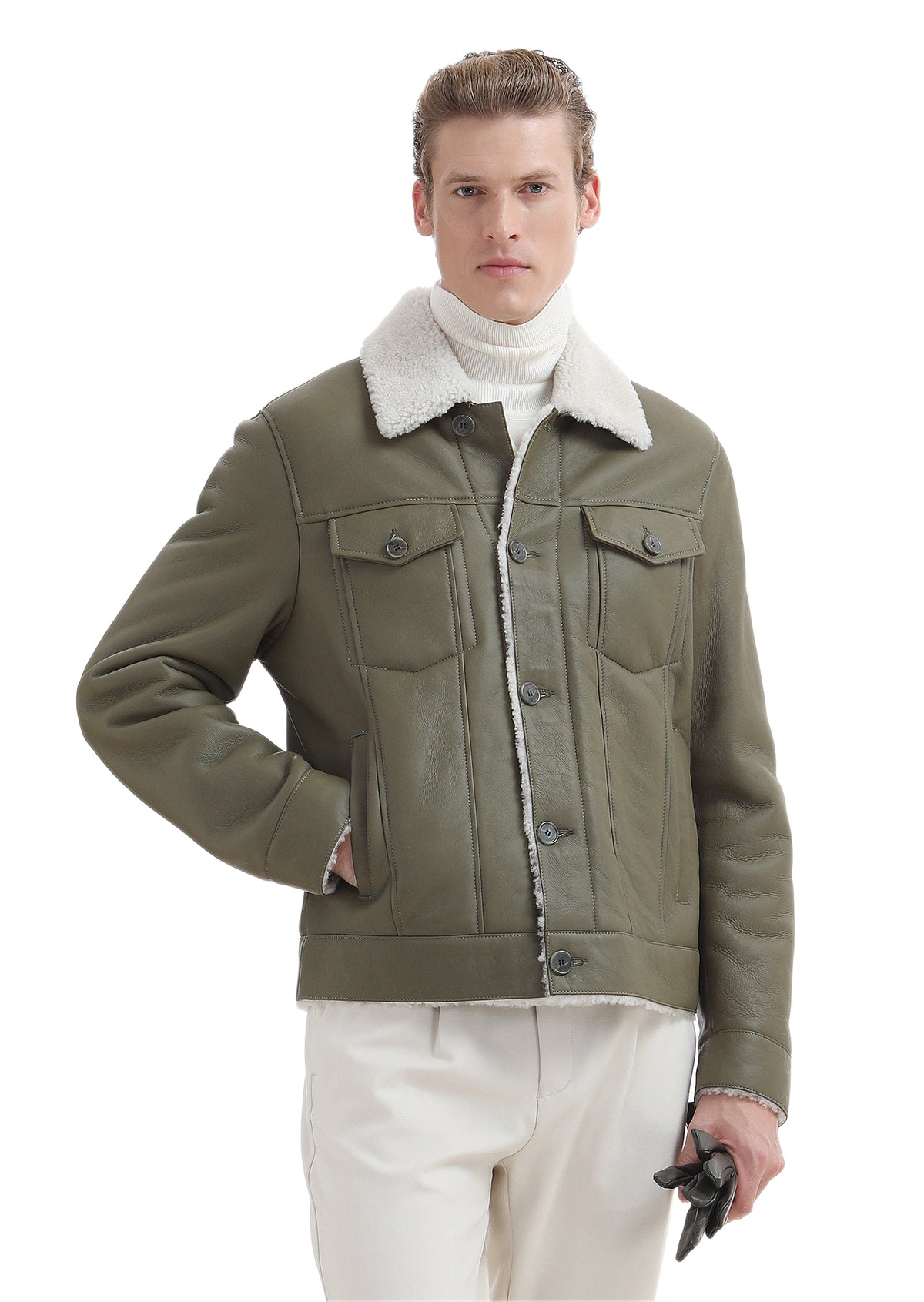 Haki Regular Fit Gömlek Yaka Casual Kürk Deri Mont