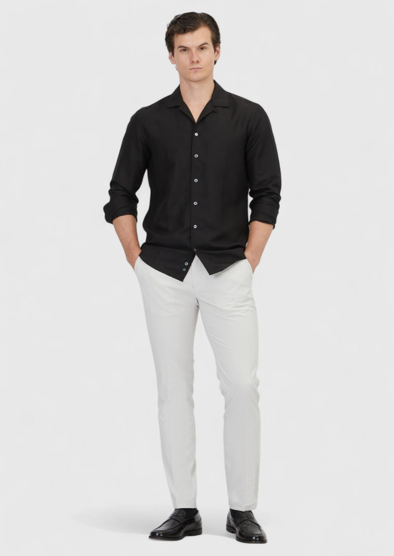 Siyah Düz Regular Fit Uzun Dokuma Casual Keten Karışımlı Gömlek