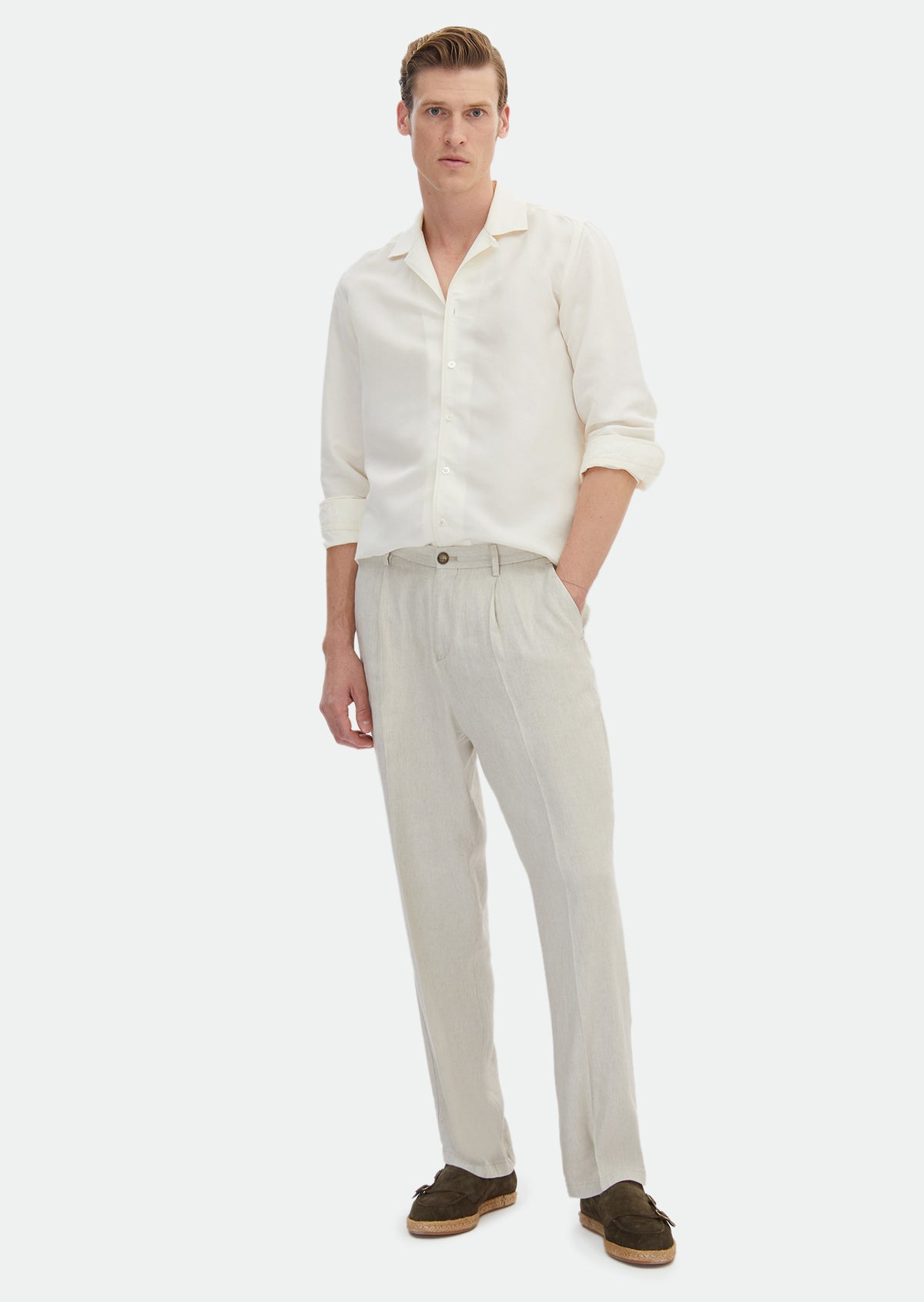 Beyaz Düz Regular Fit Uzun Dokuma Casual Keten Karışımlı Gömlek
