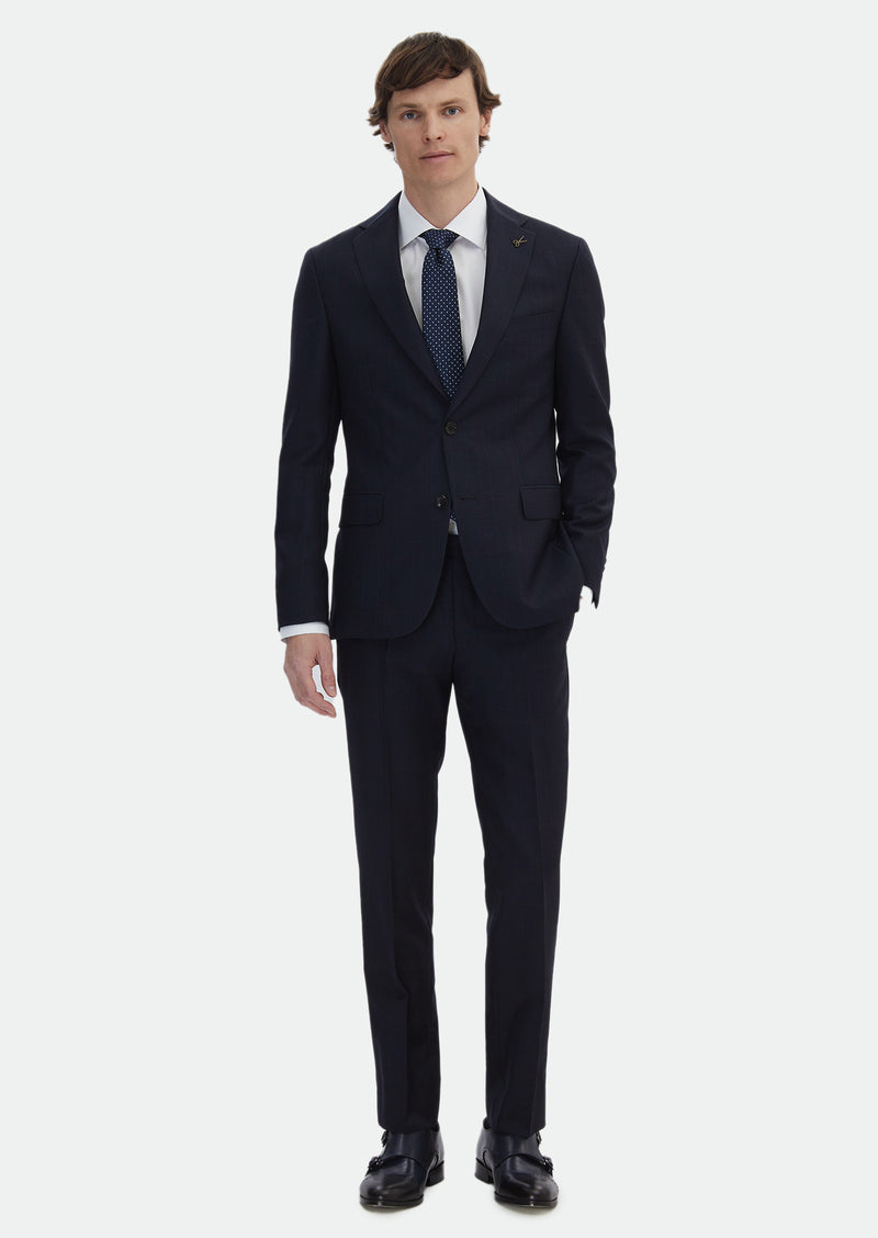Lacivert Kareli Zeroweight Slim Fit Yün Karışımlı Takım Elbise