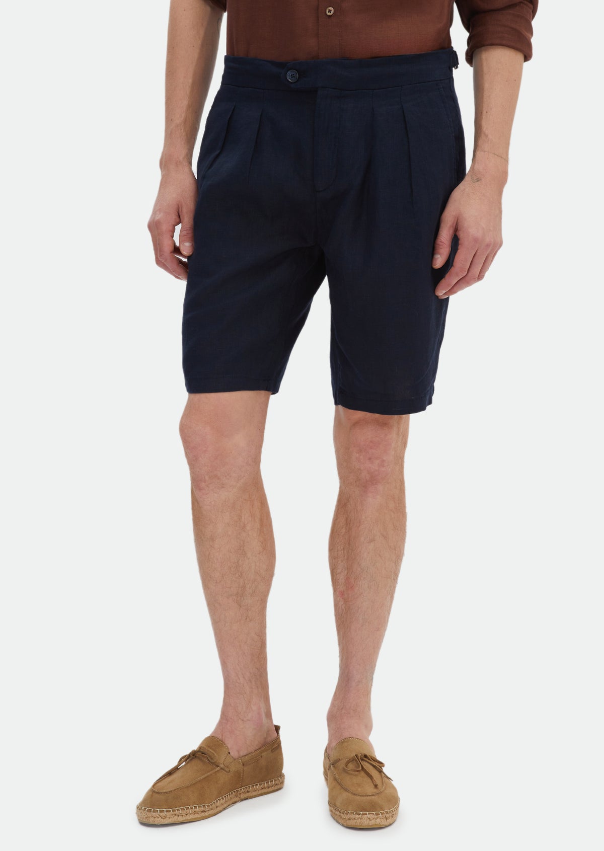 Lacivert Düz Dokuma Carrot Fit Casual %100 Keten Bermuda