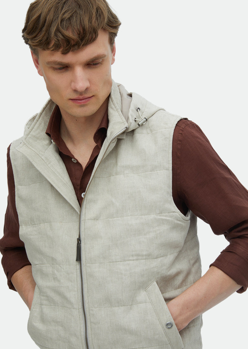 Ekru Regular Fit Kapüşonlu Casual Dokuma Spor Yelek