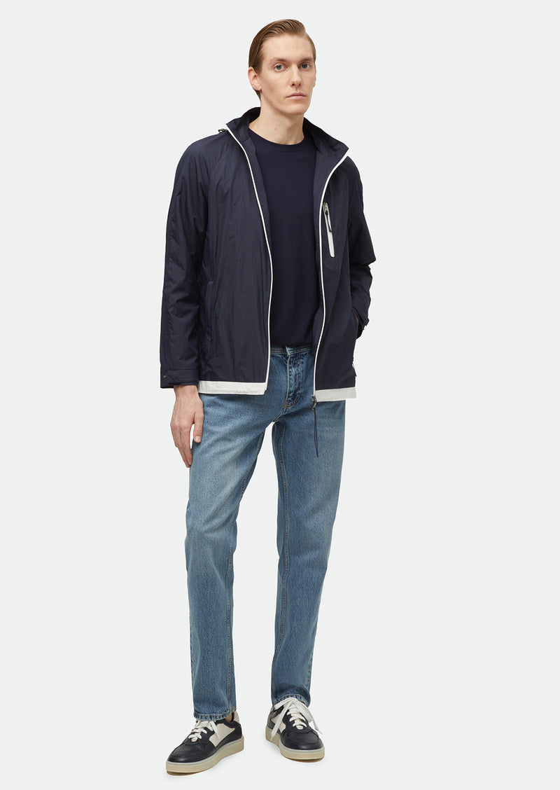 Lacivert Regular Fit Kapüşonlu Denim Dokuma Mont