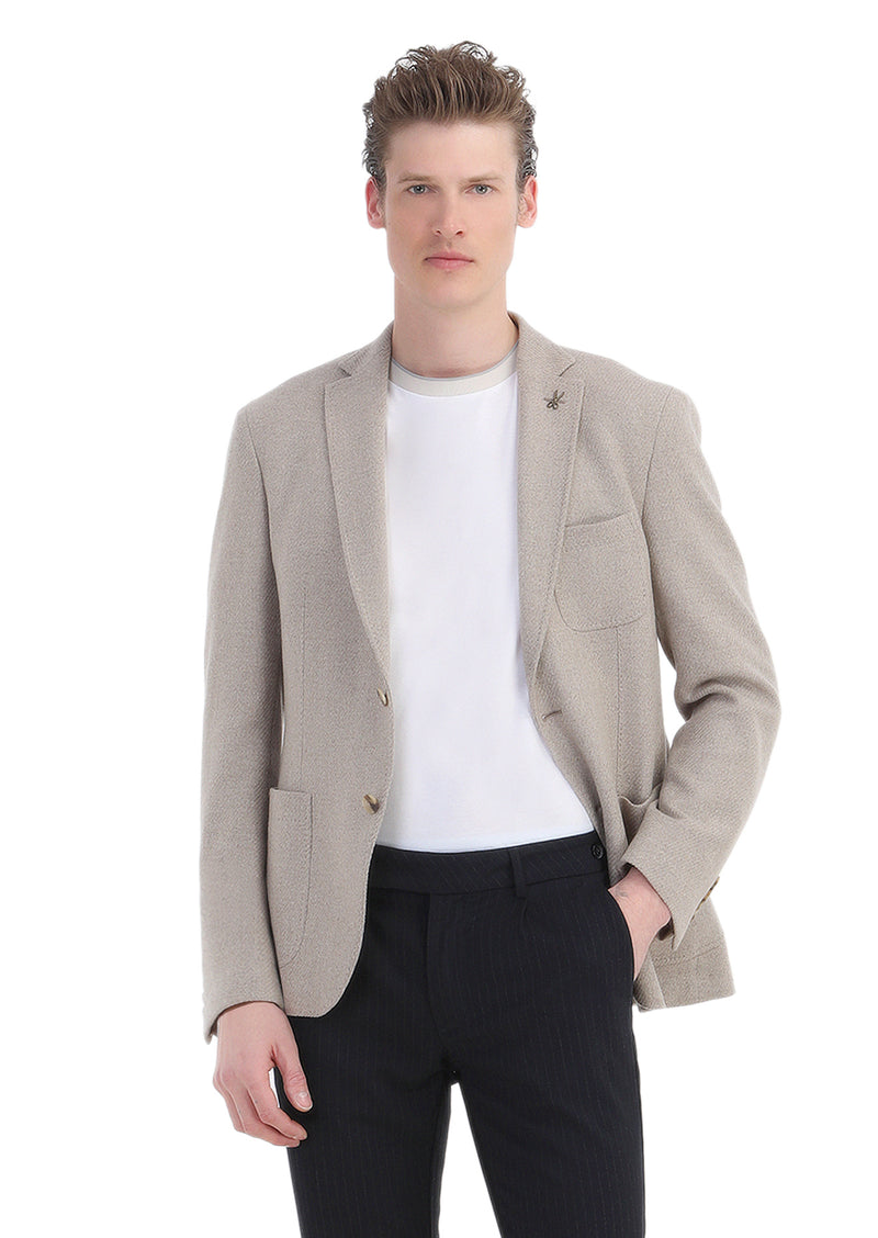 Bej Mikro Slim Fit Yün Karışımlı Ceket