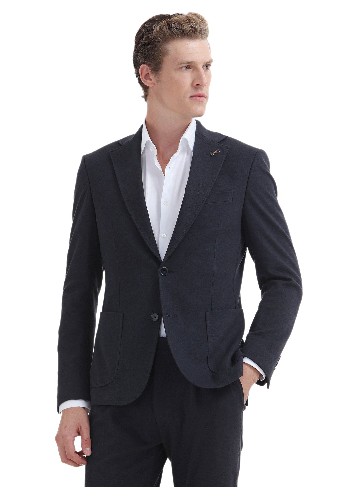 Lacivert Düz Zeroweight Slim Fit Pamuk Karışımlı Örme Takım Elbise