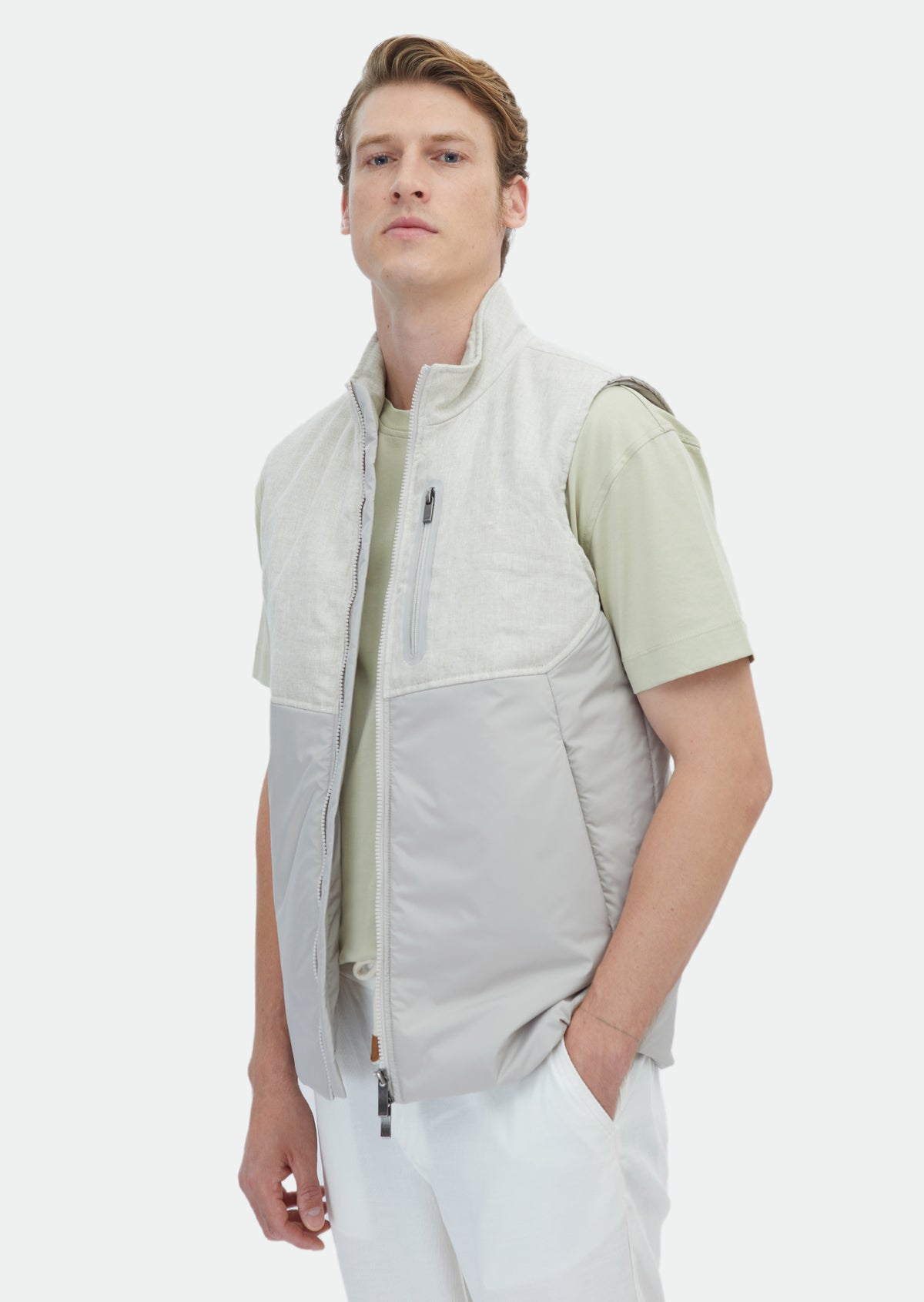 Bej Regular Fit Dik Yaka Casual Dokuma Spor Yelek