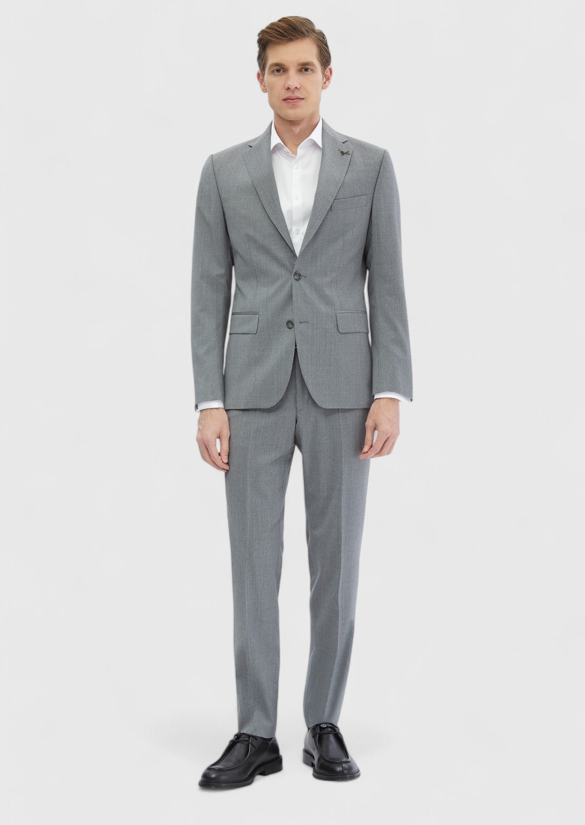 Gri Çizgili Zeroweight Slim Fit %100 Yün Takım Elbise
