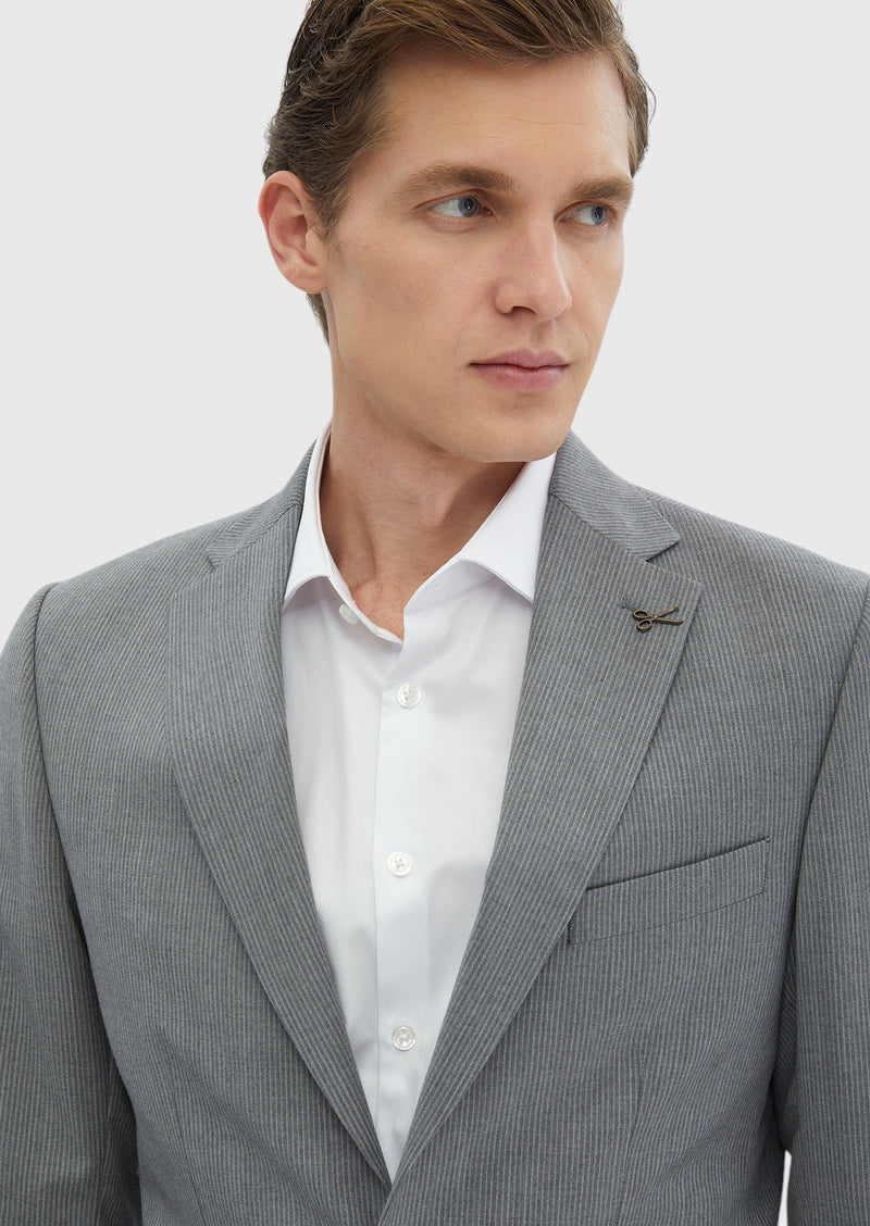 Gri Çizgili Zeroweight Slim Fit %100 Yün Takım Elbise