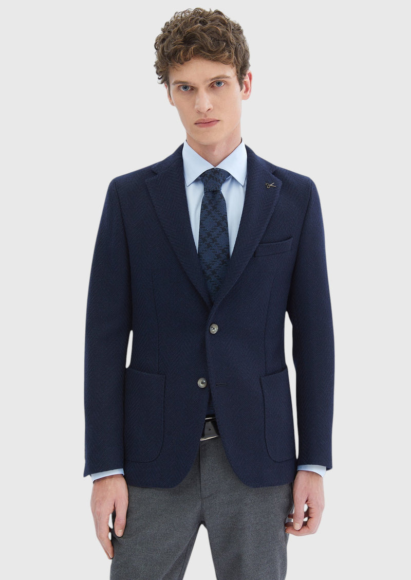 Lacivert Desenli Shirt Shoulder Slim Fit Yün Karışımlı Örme Ceket