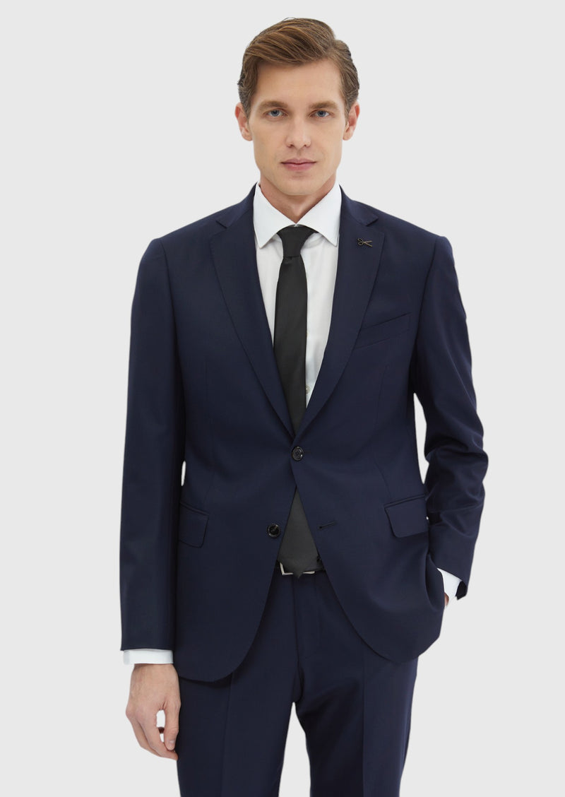 Lacivert Düz Regular Fit Yün Karışımlı Takım Elbise