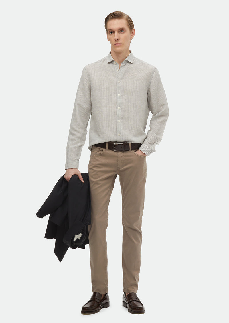 Antrasit Çizgili Regular Fit Uzun Dokuma Casual Keten Karışımlı Gömlek