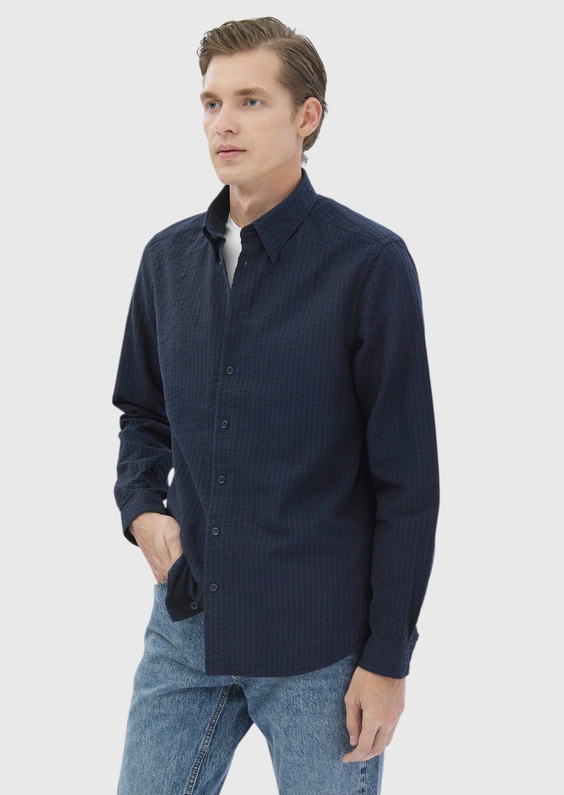 Lacivert Çizgili Casual Fit Uzun Dokuma Casual %100 Pamuk Gömlek