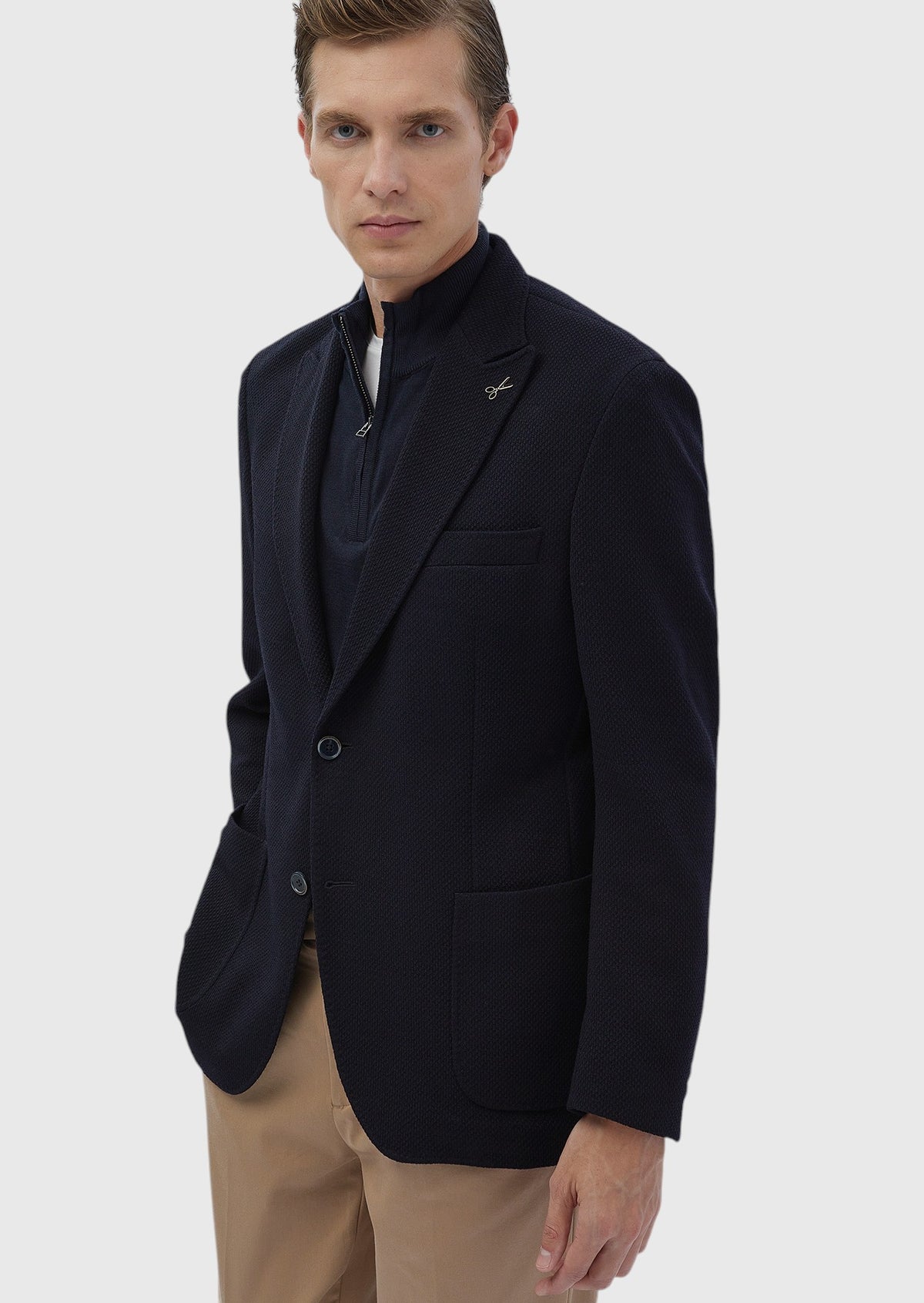Lacivert Desenli Shirt Shoulder Slim Fit Yün Karışımlı Örme Ceket