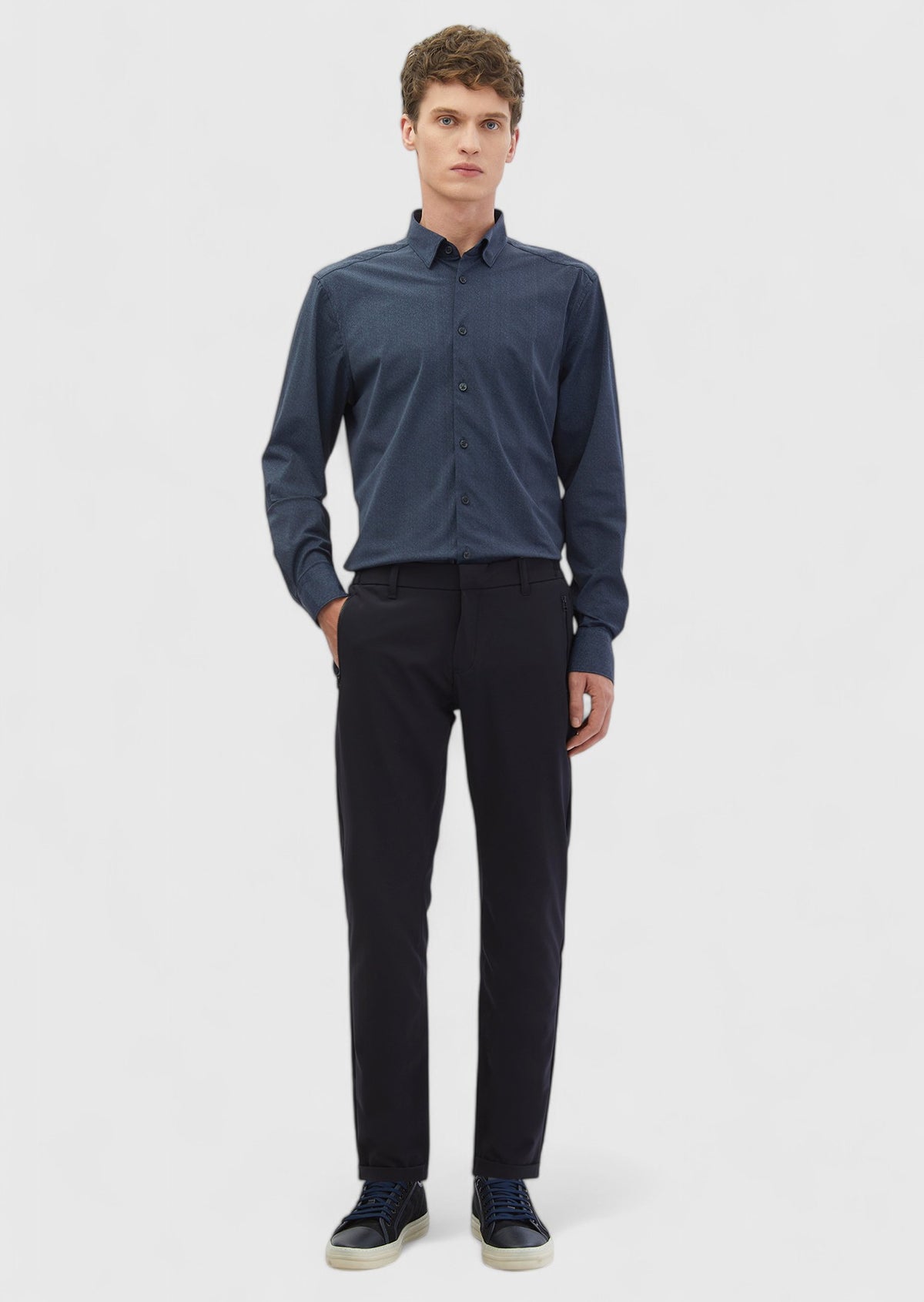 Lacivert Baskılı Casual Fit Uzun Casual Gömlek