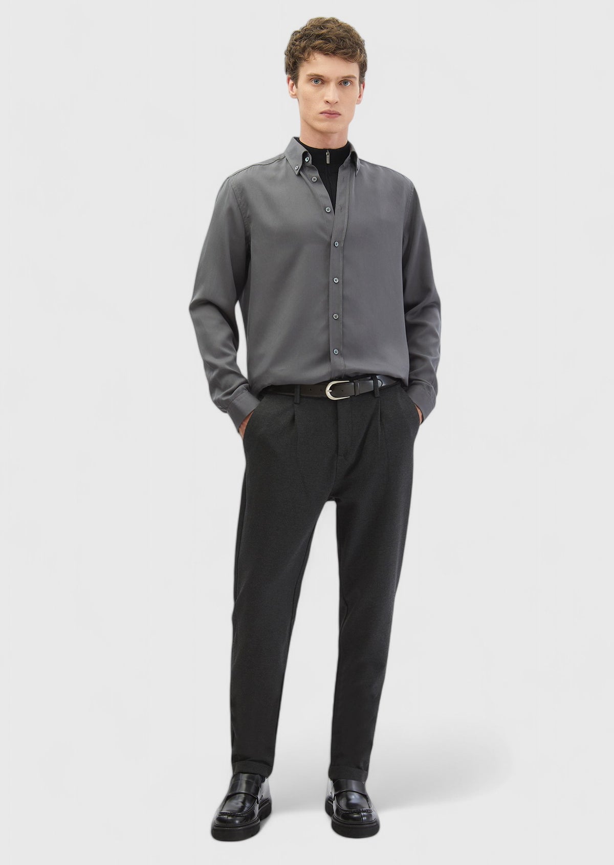 Gri Düz Casual Fit Uzun Dokuma Casual Gömlek