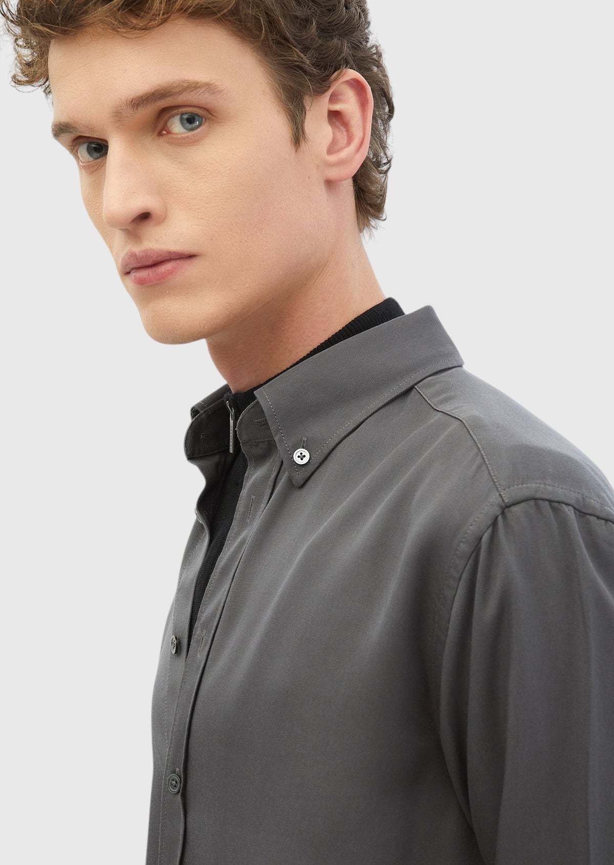 Gri Düz Casual Fit Uzun Dokuma Casual Gömlek
