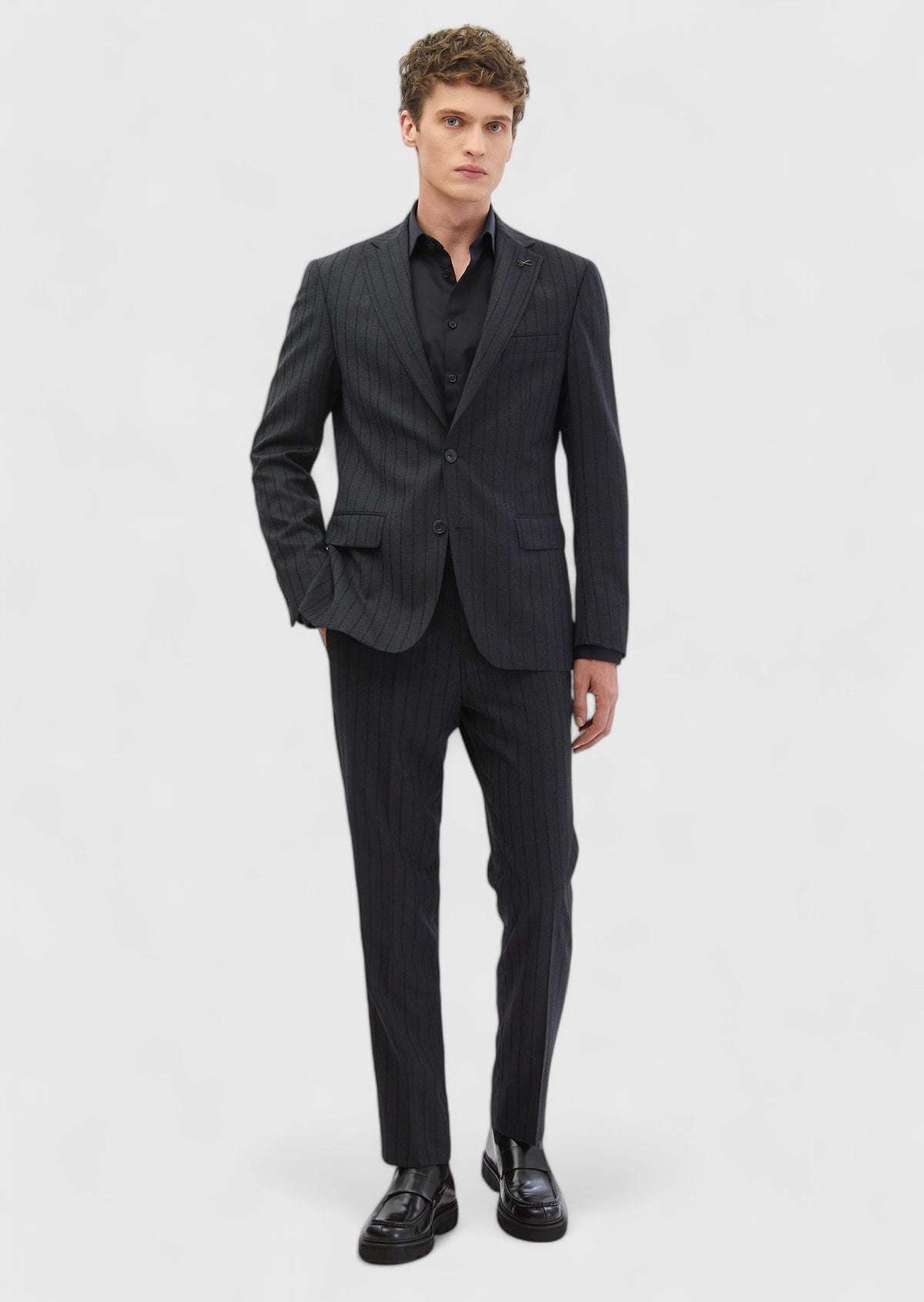 Antrasit Çizgili Zeroweight Slim Fit %100 Yün Takım Elbise