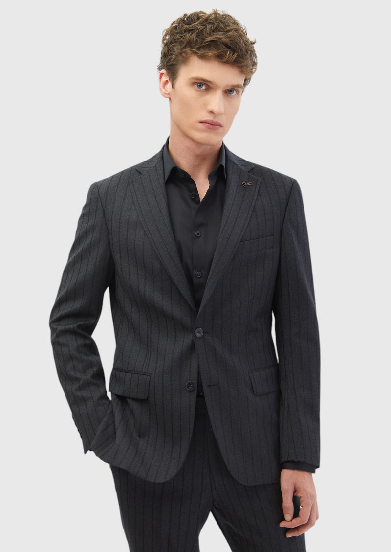 Antrasit Çizgili Zeroweight Slim Fit %100 Yün Takım Elbise