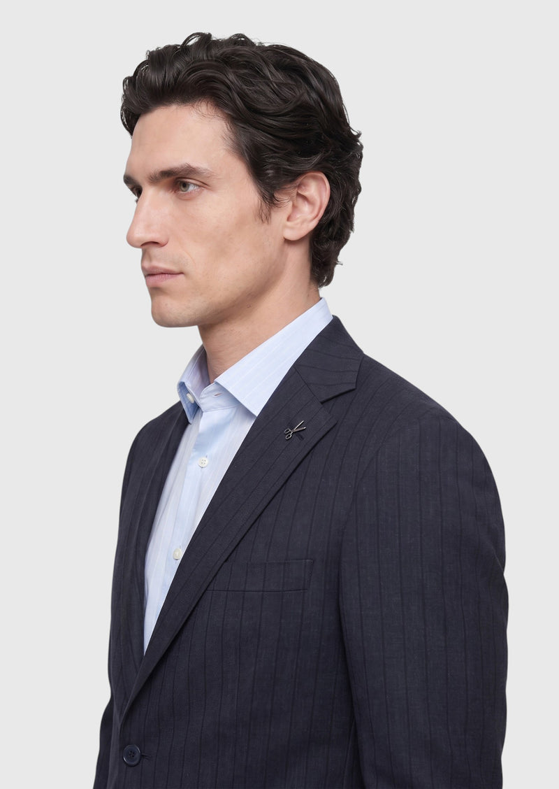 Lacivert Çizgili Zeroweight Slim Fit %100 Yün Takım Elbise