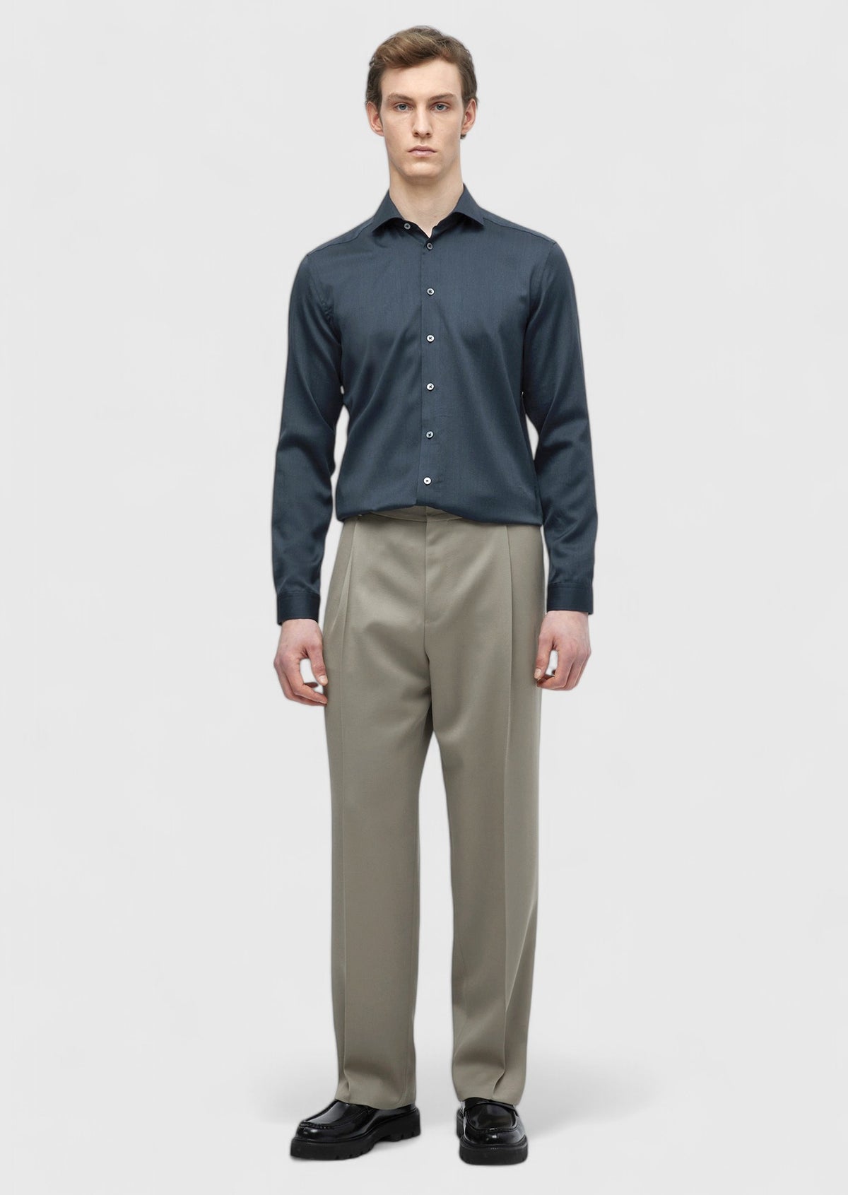 Antrasit Düz Casual Fit Uzun Dokuma Casual İpek Karışımlı Gömlek