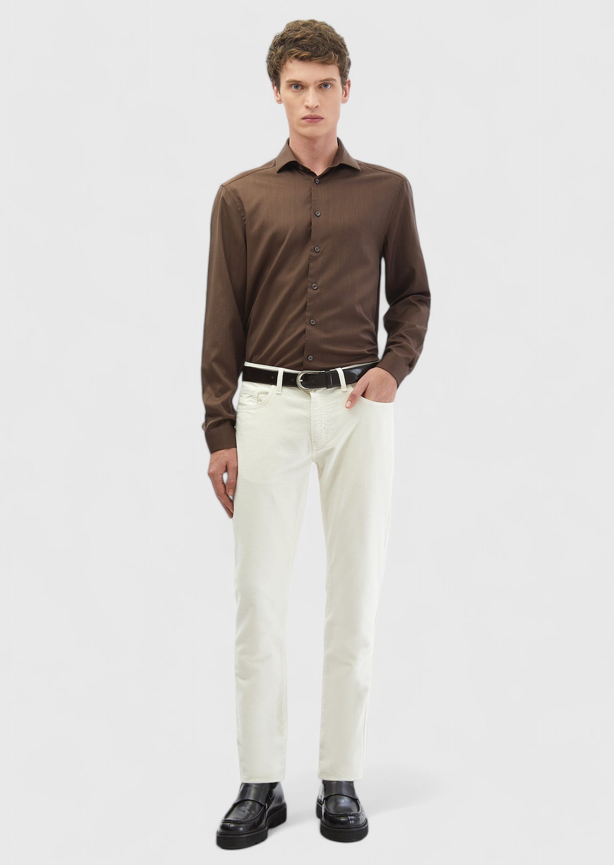 Kahverengi Düz Casual Fit Uzun Dokuma Casual İpek Karışımlı Gömlek