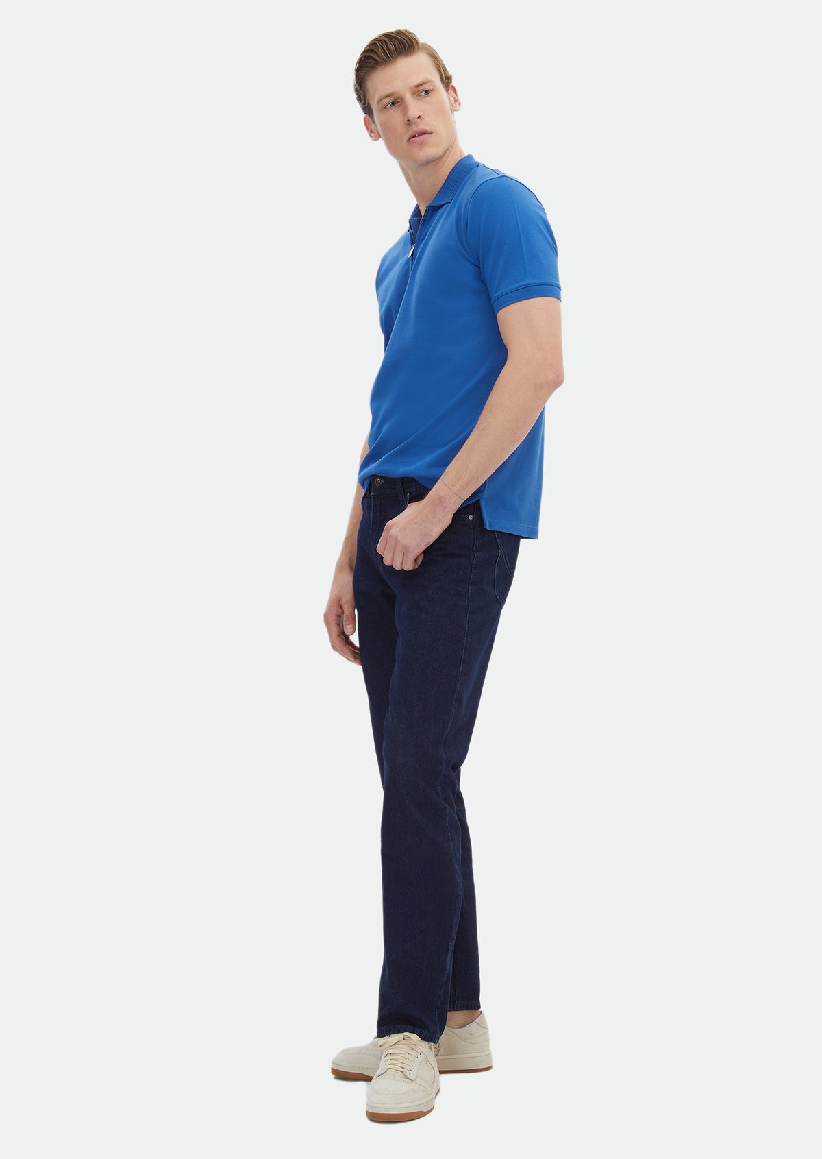 Mavi Düz Polo Yaka %100 Pamuk T-Shirt