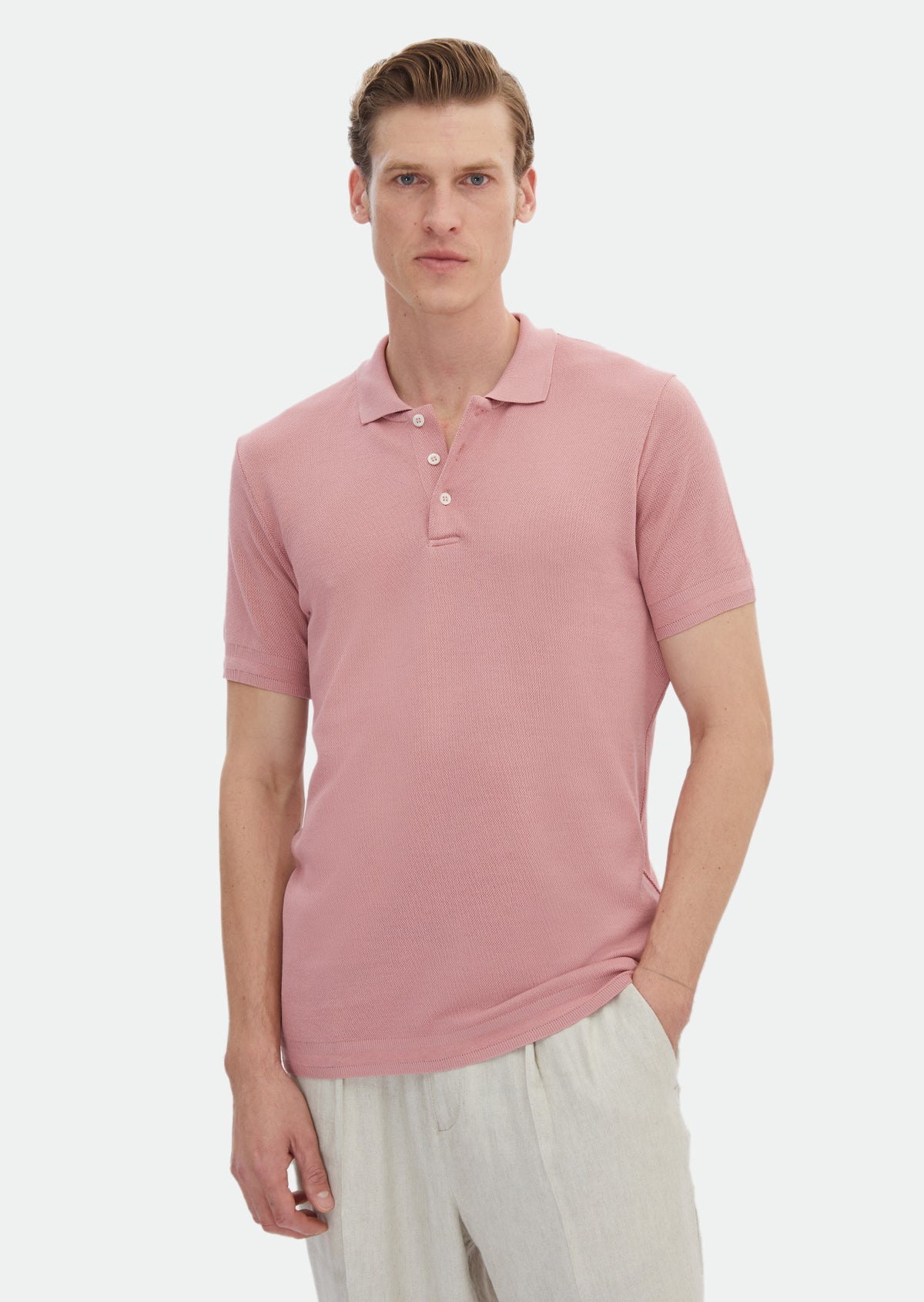 Pembe Jakarlı Polo Yaka %100 Pamuk T-Shirt