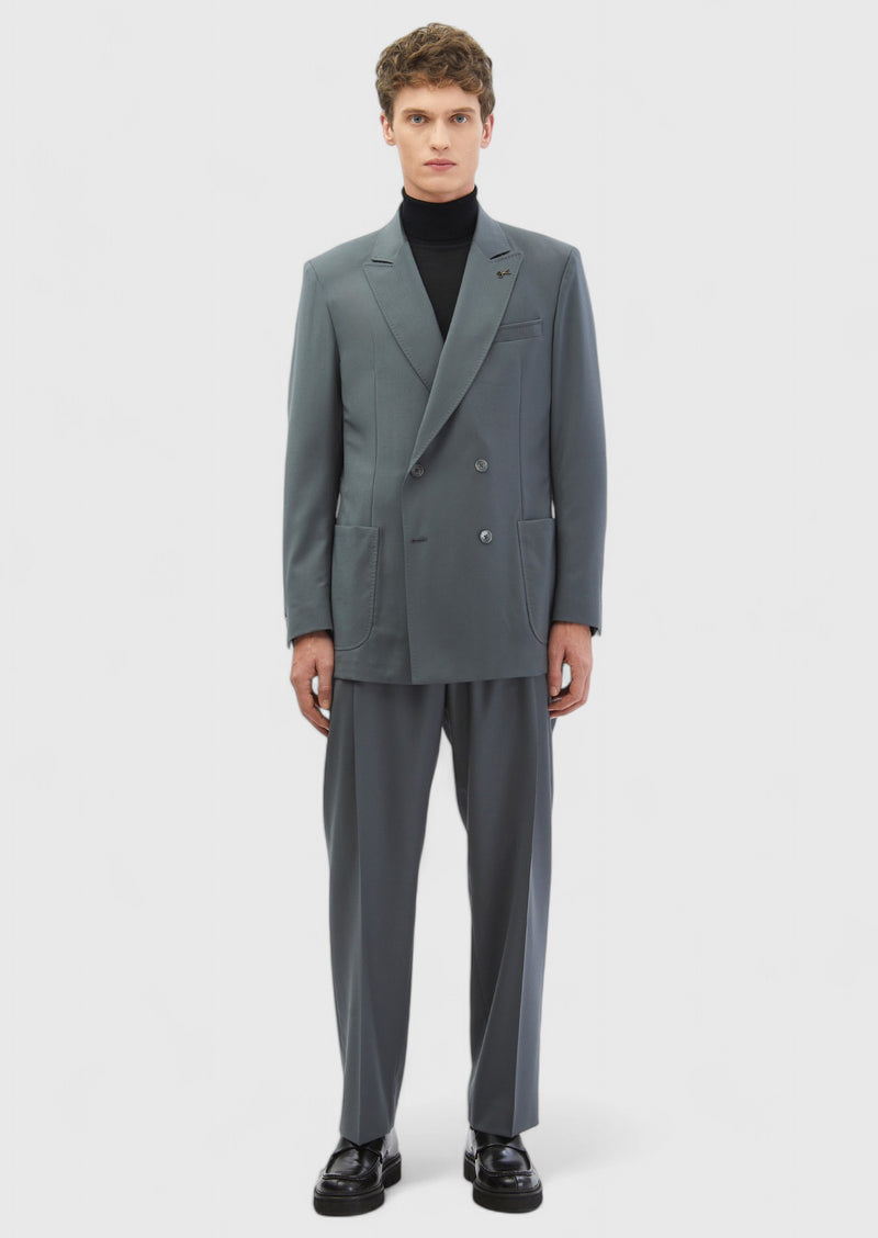 Koyu Gri Çizgili Oversize Fit %100 Yün Takım Elbise