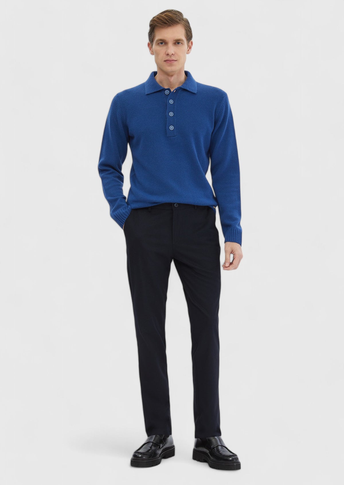 Saks Polo Yaka Düz Örgü Yün Karışımlı Triko Kazak