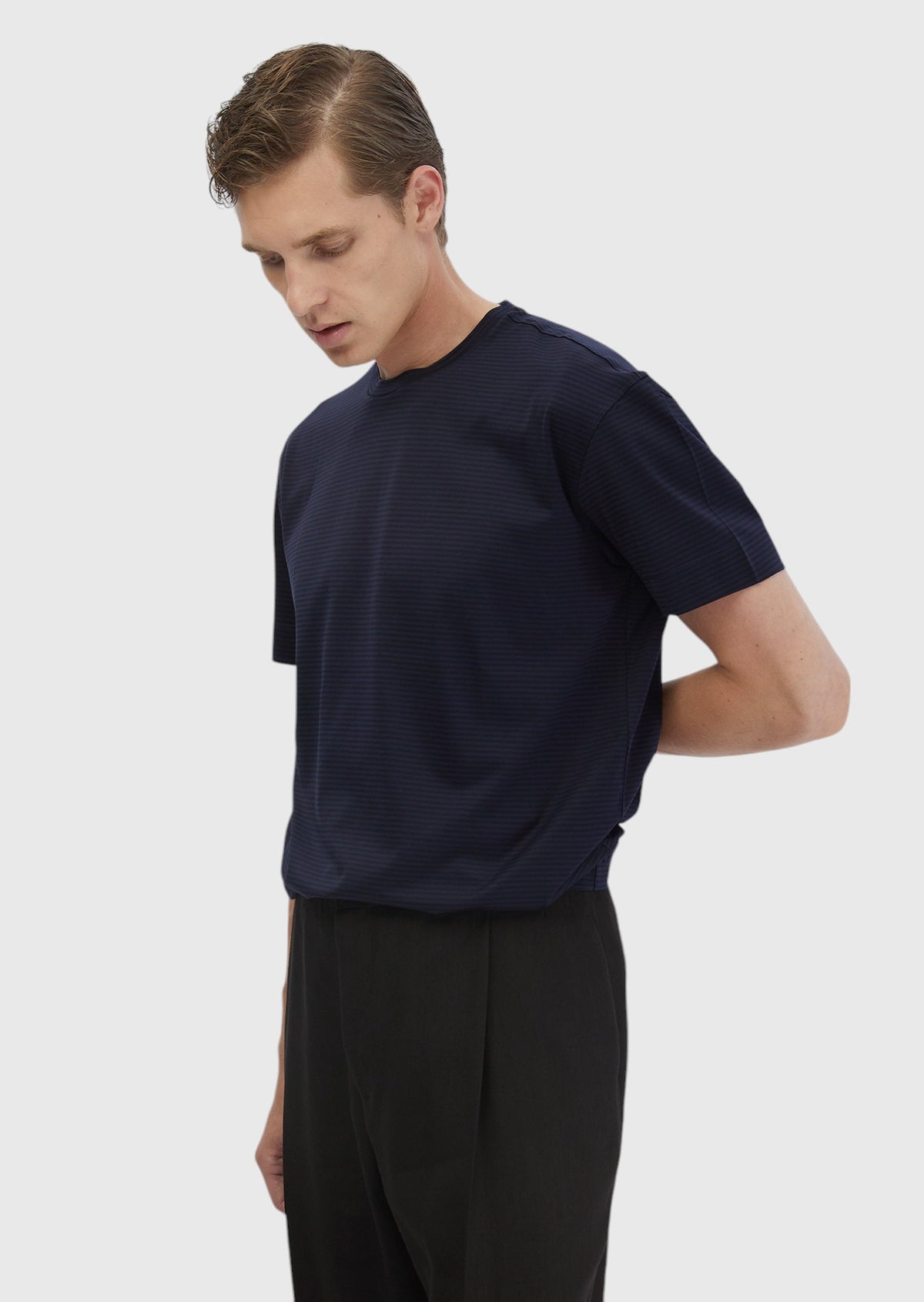 Lacivert Çizgili Bisiklet Yaka %100 Pamuk T-Shirt