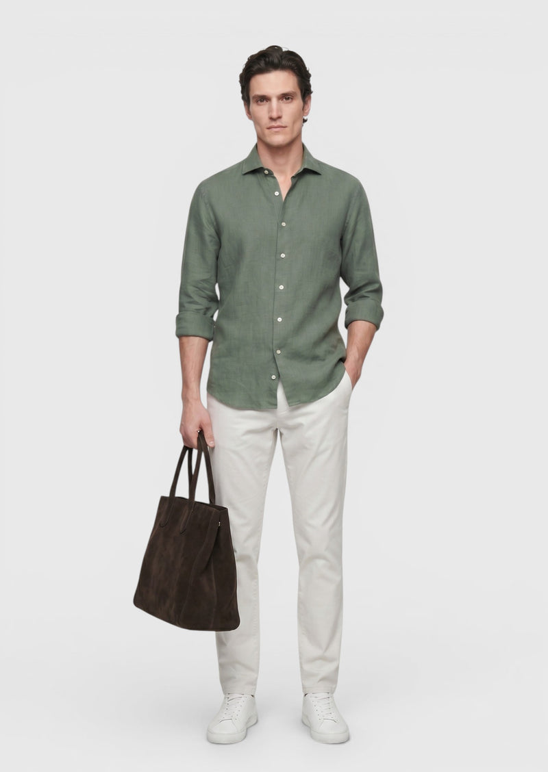 Haki Düz Casual Fit Uzun Dokuma Casual %100 Keten Gömlek