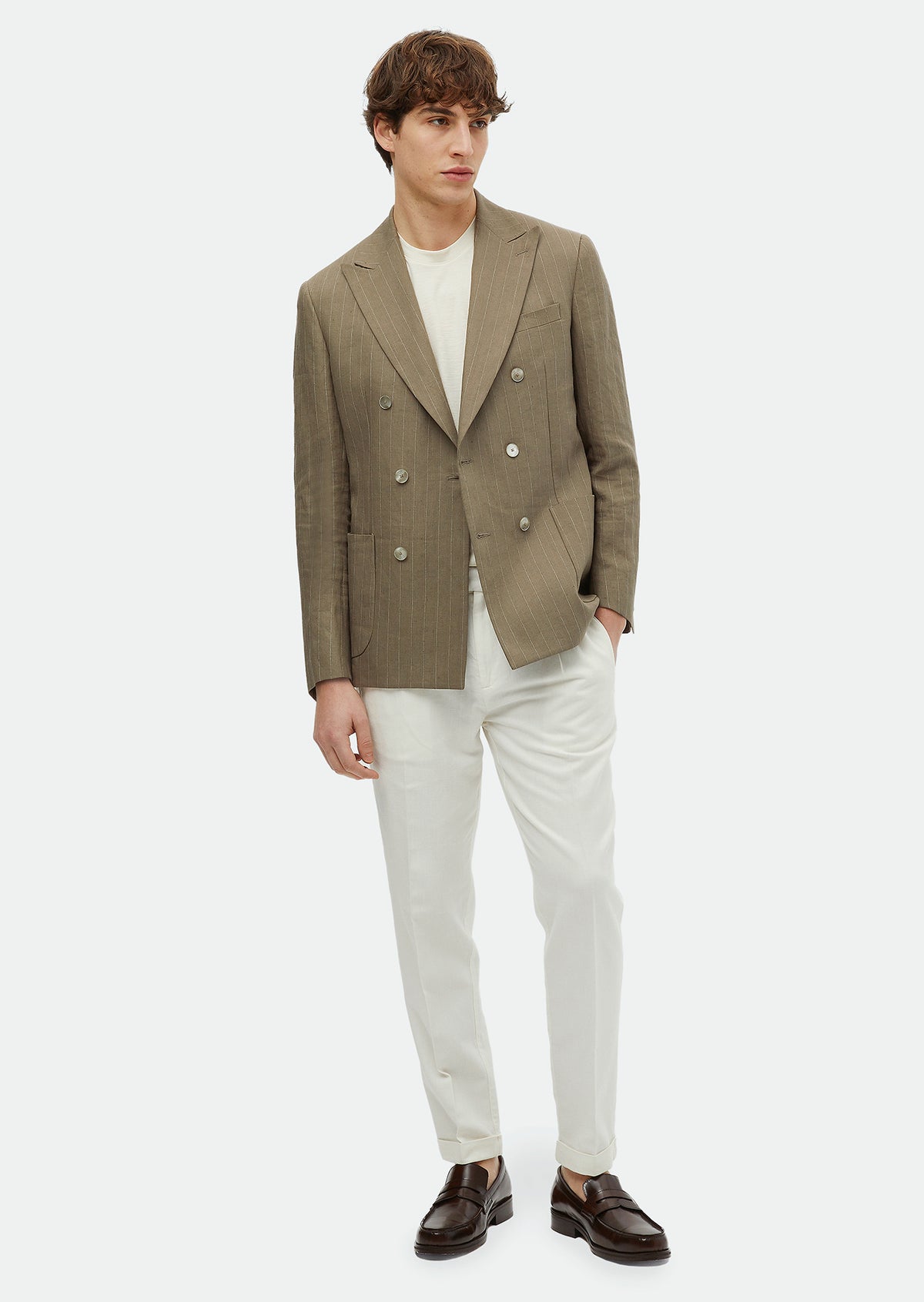 Haki Çizgili Zeroweight Slim Fit Keten Karışımlı Ceket