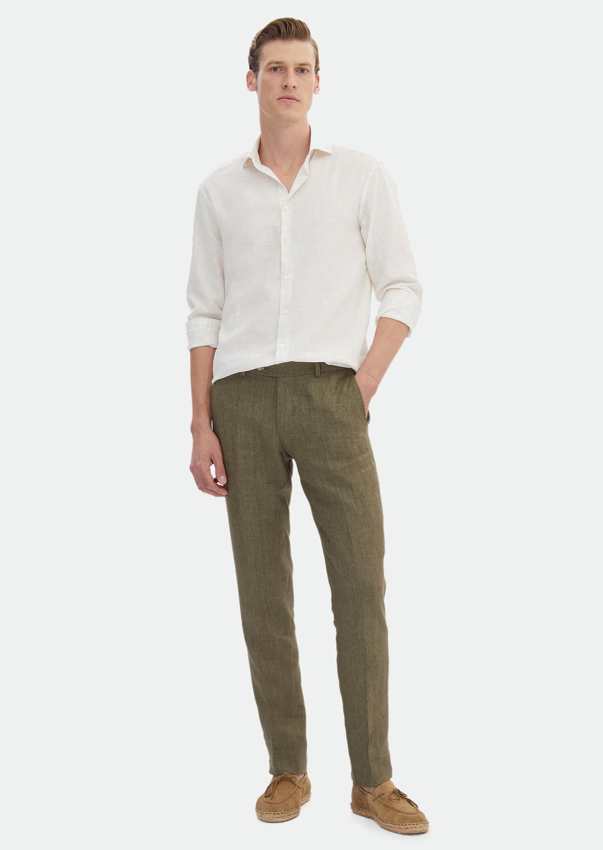 Ekru Baskılı Regular Fit Uzun Dokuma Casual %100 Keten Gömlek