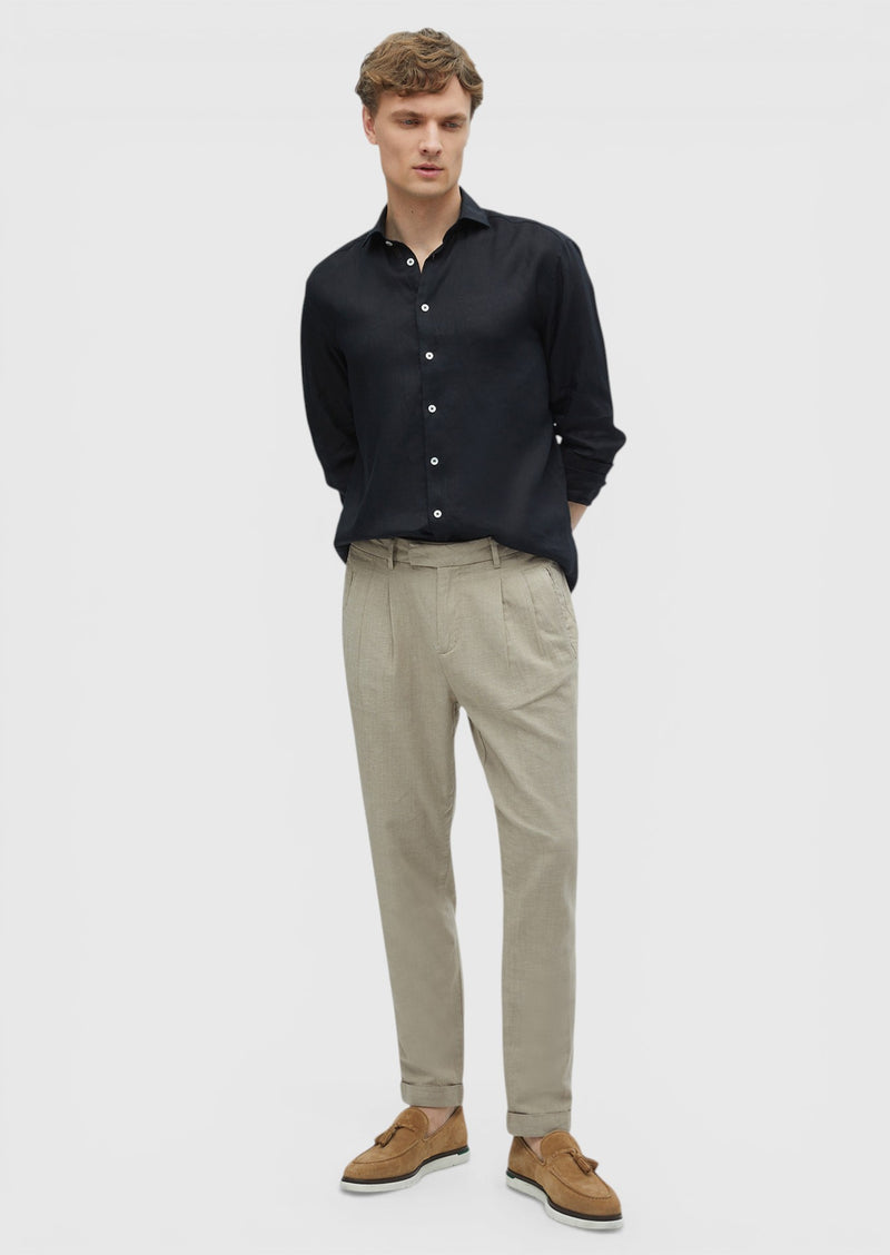 Siyah Düz Casual Fit Uzun Dokuma Casual %100 Keten Gömlek